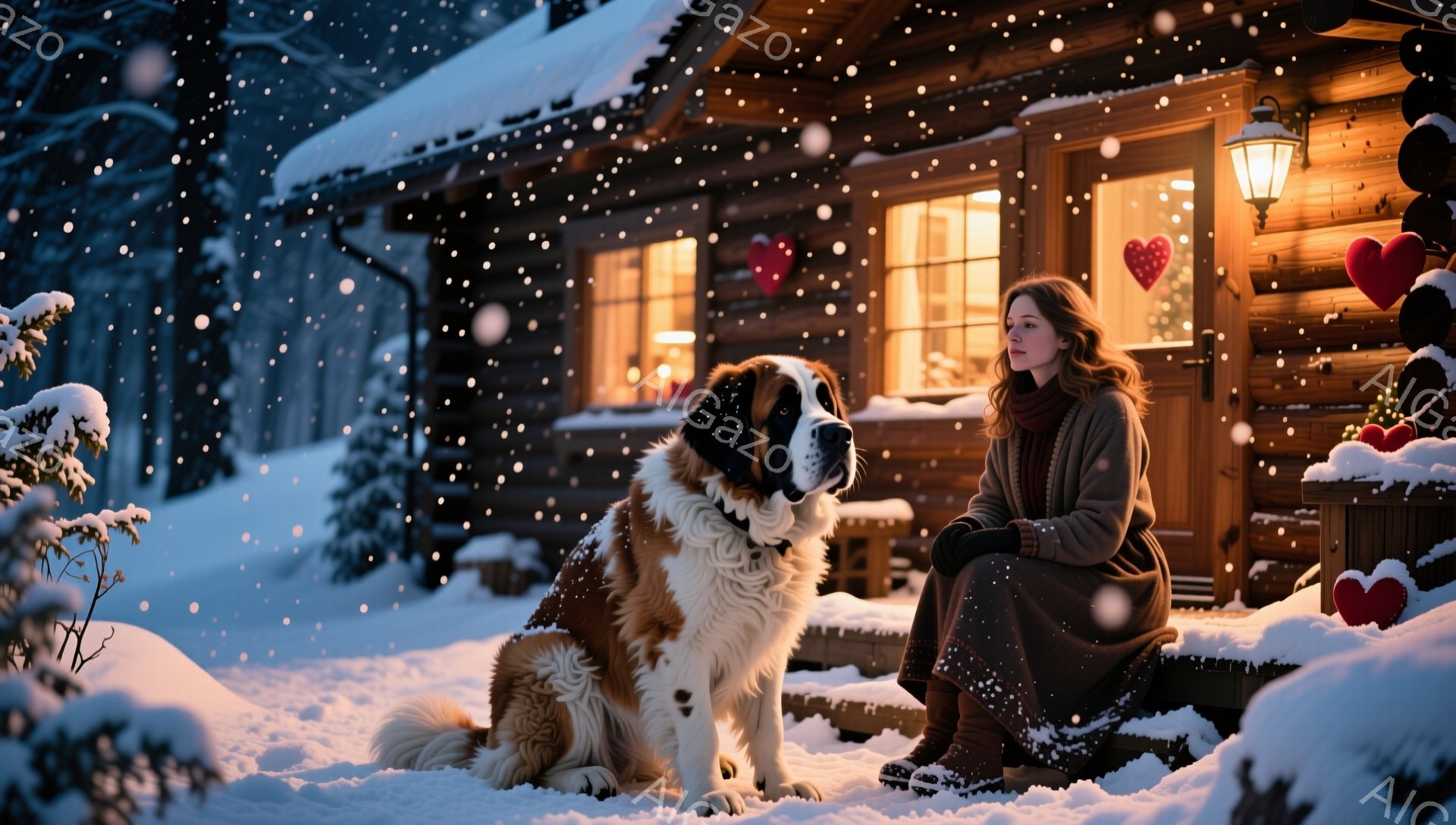 雪が降り積もる中、暖炉の光が温かい木造の家、その階段に女性が座り、セントバーナード犬が彼女の横に座っています。女性は長い茶色の髪、セーターとスカート、そして少し物憂げな表情をしています。背景には、クリスマスの飾り付けが施された家と、雪に覆われた森が広がり、全体的に静かで穏やかな冬の雰囲気を醸し出しています。