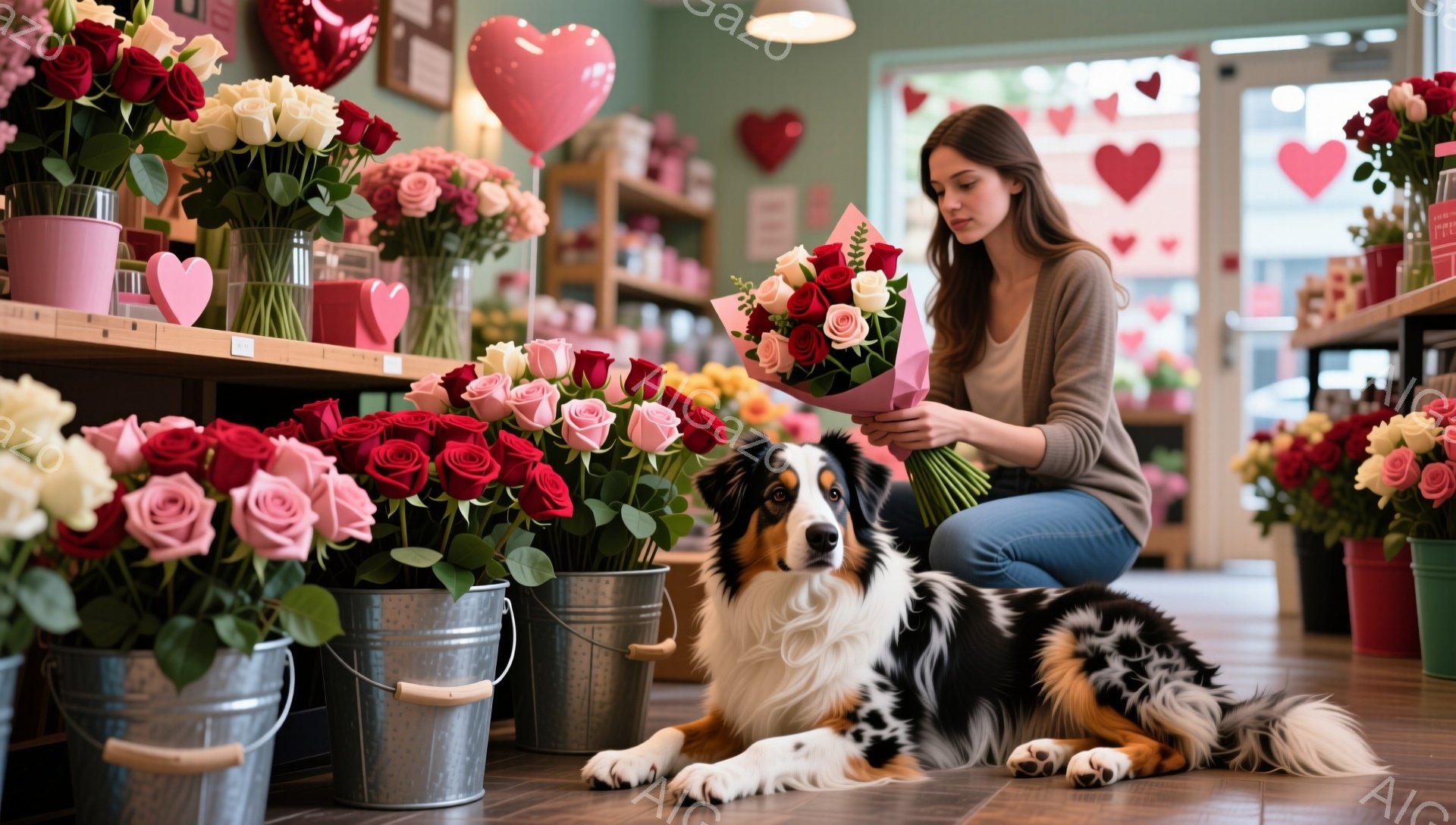 花屋で、茶髪の女性が赤いバラの花束を手に持っています。彼女はジーンズとセーターを着ており、膝をついて花束を眺めています。床には、美しく模様のあるボーダーコリーが横たわっており、背景には様々な色のバラが並んだ金属製のバケツやハートの装飾が見えます。