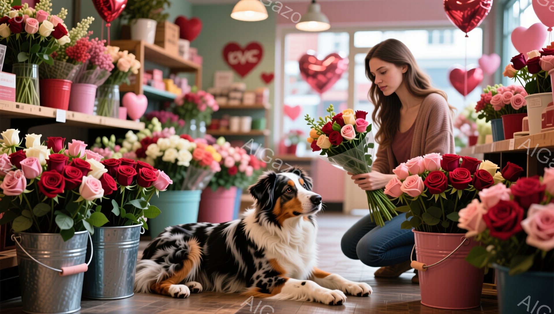 花屋で、茶髪の女性が膝をついてバラの花束を手に持っています。彼女はデニムのズボンと薄茶色のセーターを着ており、顔は少し下を向いて花束に集中しています。背景には、さまざまな色のバラが並んだ棚や、ハート型の装飾、そして横たわっているボーダーコリーの犬が見えます。