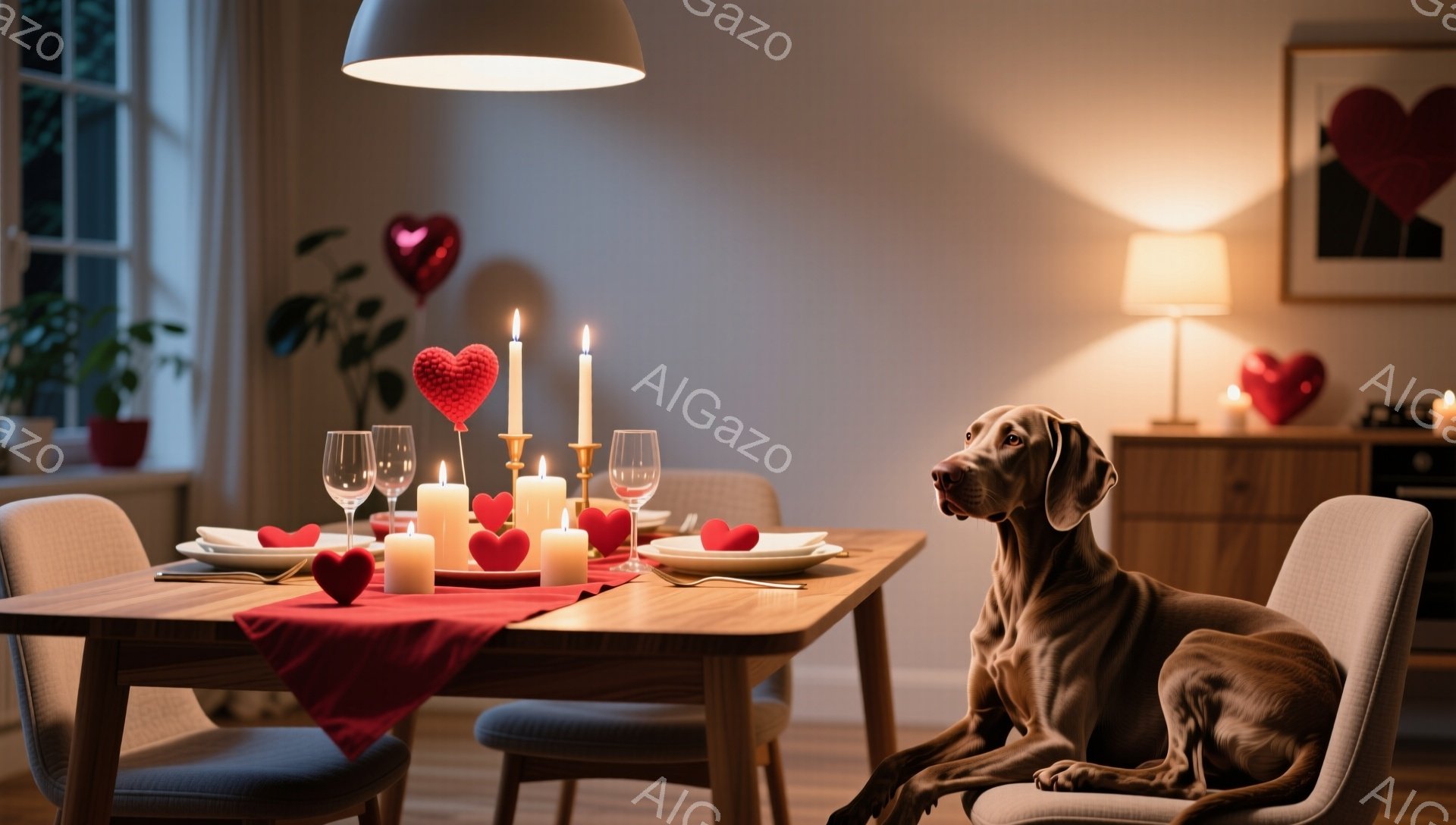 温かい光に照らされたダイニングルームには、赤いテーブルクロスが敷かれたテーブルがセットされており、複数のキャンドルとハート型の装飾がロマンチックな雰囲気を演出している。テーブルの隣の椅子に座っているの - AI生成フリー素材