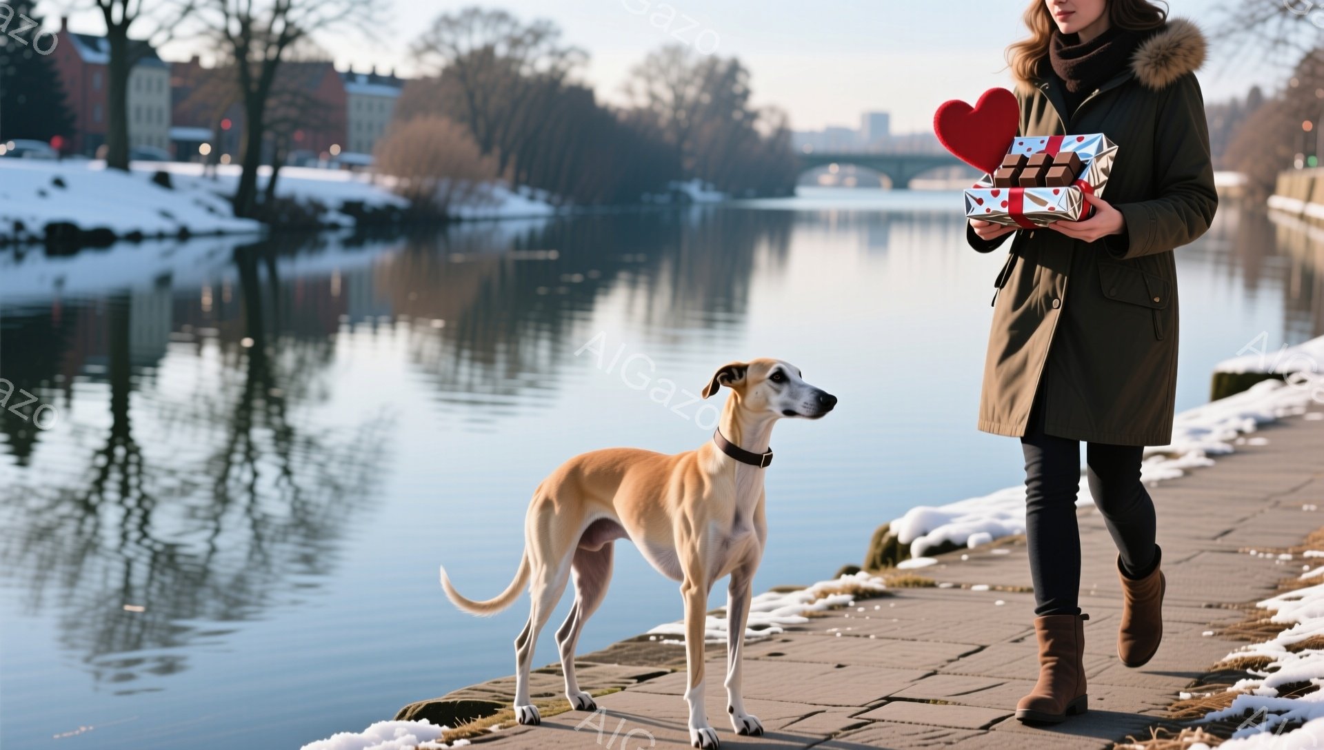 長身のベージュのウィペットが石畳の遊歩道に立っており、遠くを見つめています。女性はダークグリーンのファー付きのジャケットと黒いパンツ、茶色のブーツを着用し、赤いハートの付いたギフトボックスを持っています。背景には凍った川と冬の木々、そして遠くに建物が見え、全体的に穏やかで冷たい冬の日の雰囲気です。