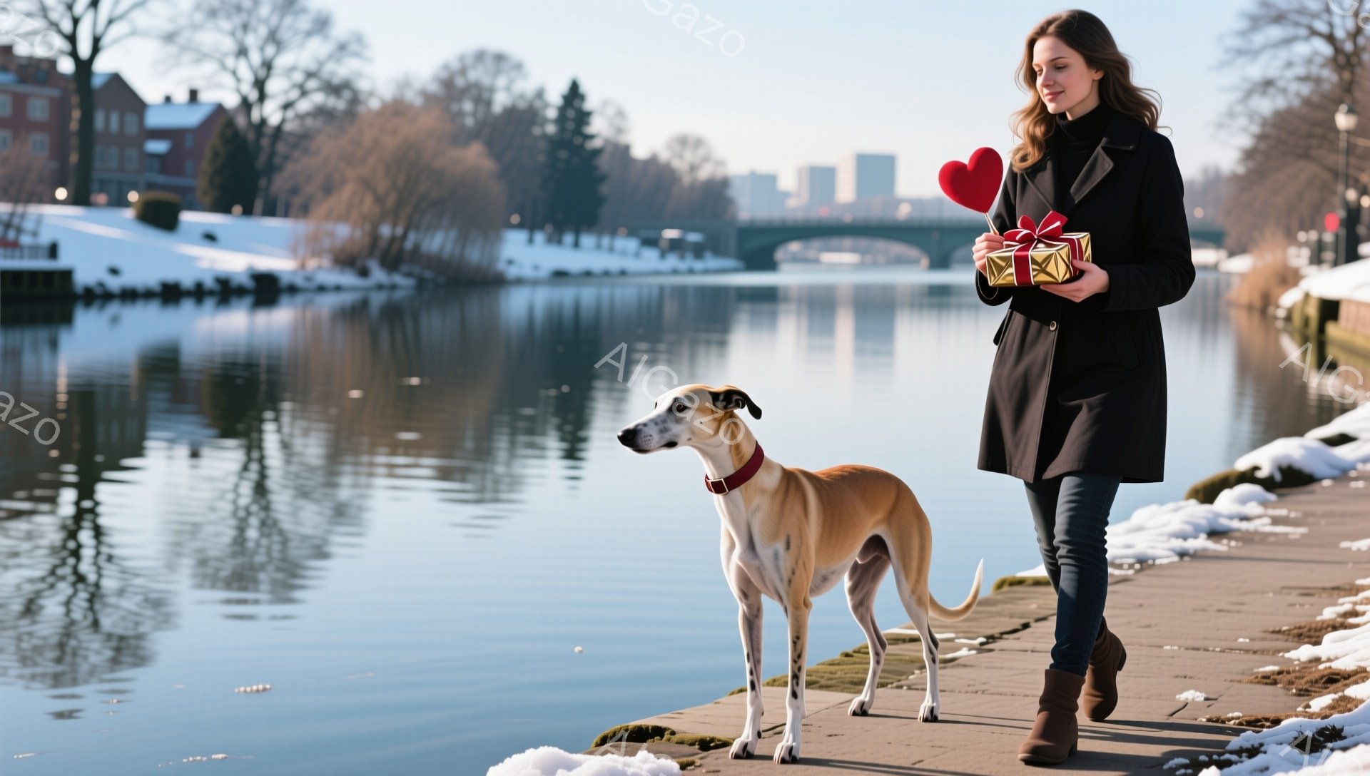 長い髪を自然に垂らした女性が、黒いコートとジーンズ、ブーツ姿で歩道に立っています。彼女は片手に赤いリボンとギフトボックスを持っており、傍らには優雅な姿勢で立つクリーム色のグレイハウンドがいます。背景には雪に覆われた建物と穏やかな水面、そして遠くの橋が見え、冬の晴れた日の穏やかな雰囲気が漂っています。