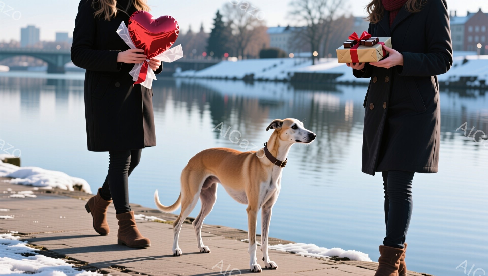 凍てつく湖畔に、二人の女性と一匹の愛玩犬が立っている。女性たちは黒いコートにブーツを履き、それぞれ赤いハート型の風船とラッピングされたプレゼントを持っている。背景には、雪化粧した建物と静かな湖が広がり、冬の静寂で満たされた穏やかな雰囲気が漂っている。
