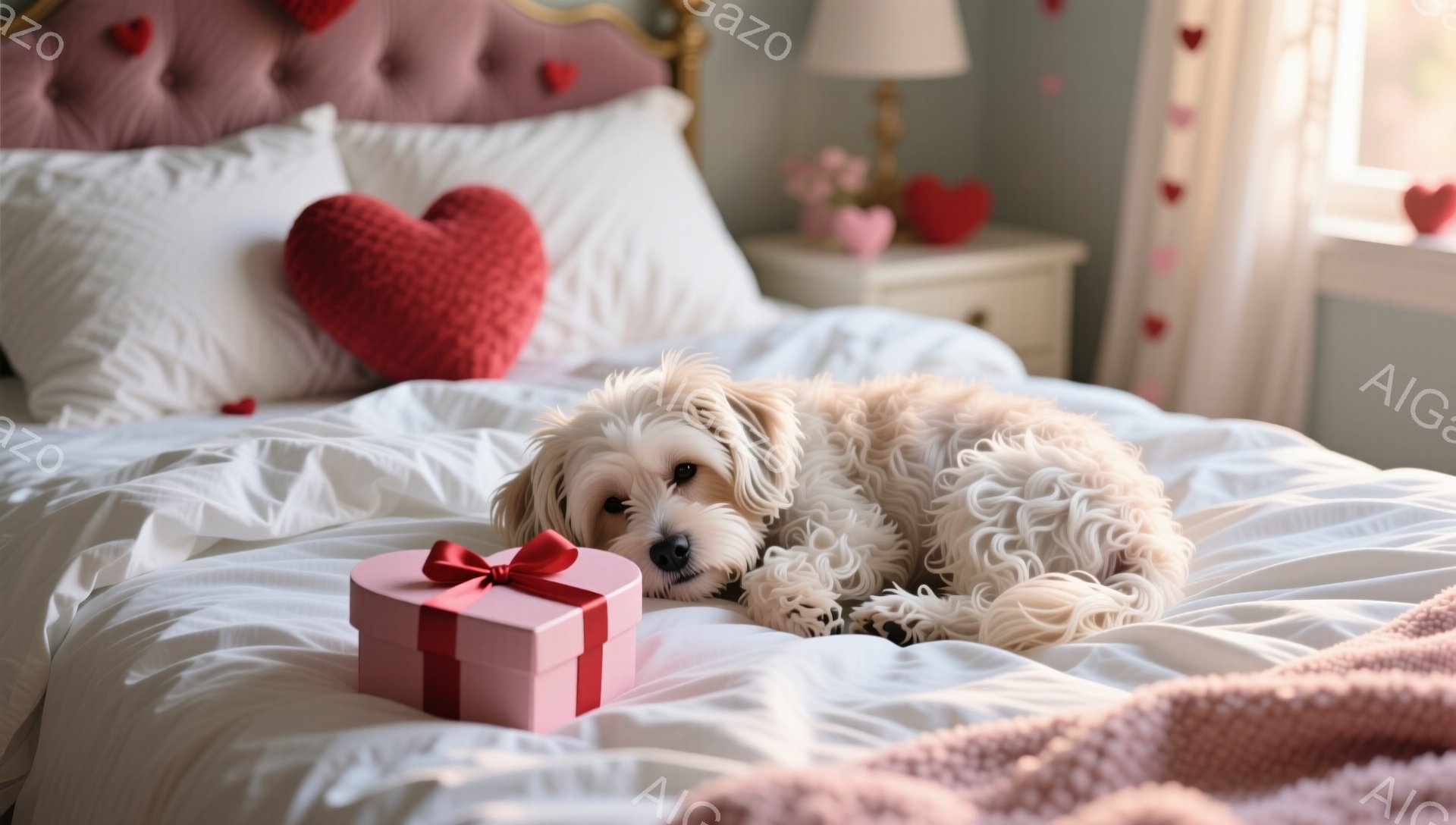 白いふわふわの犬がベッドの上に横たわっており、ピンクのリボンで結ばれた赤いギフトボックスがすぐそばにあります。ベッドは白く、背景にはハート型の装飾が散りばめられており、ロマンチックで優しい雰囲気です。 - AI生成フリー素材