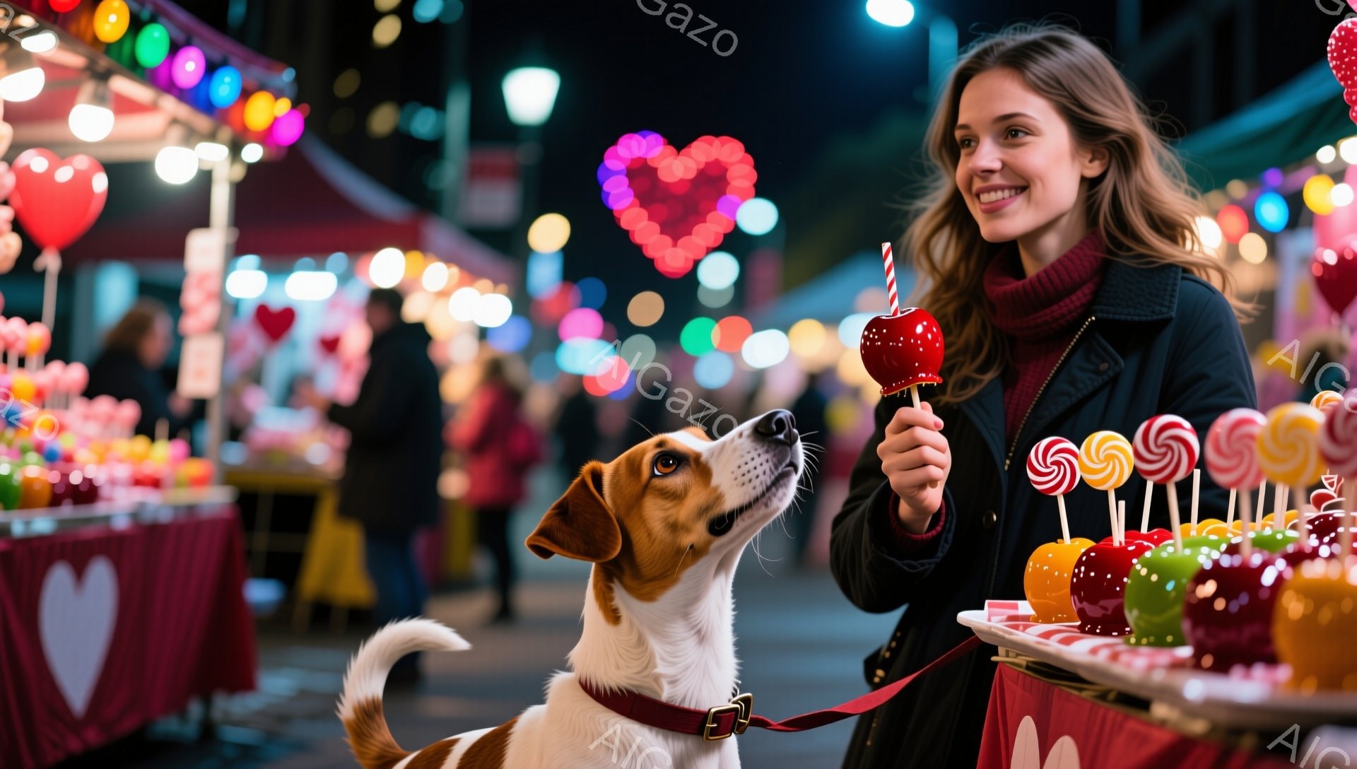 若い女性が赤いりんご飴を持って微笑んでいます。彼女は黒のコートに赤いセーターを着ており、長い茶色の髪は肩にかかっています。背景には、カラフルなキャンディや装飾が施された屋台が並び、暖かい光が灯り、愛らしい犬が彼女を見上げています。