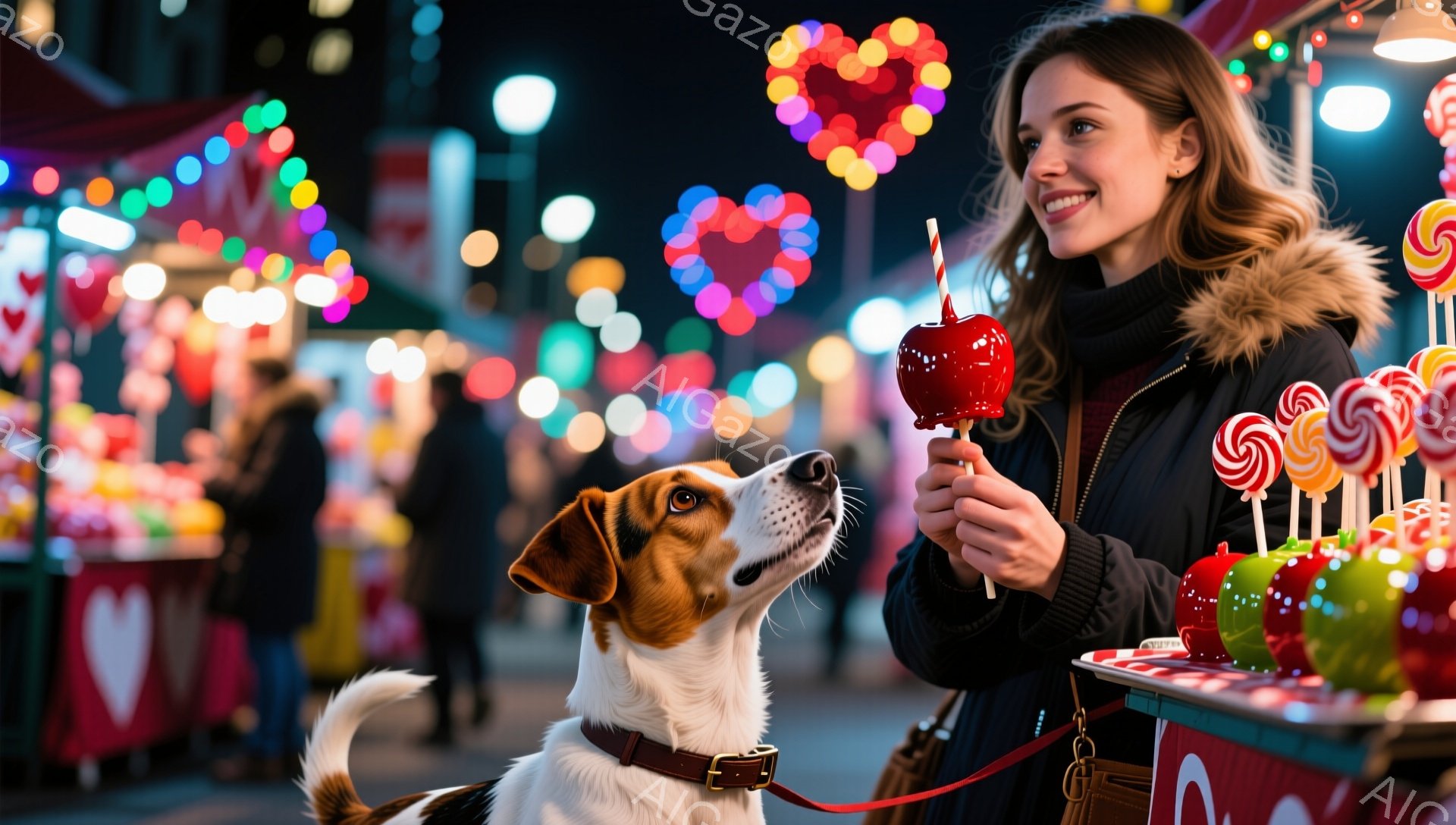 長い茶色の髪をサイドに流し、ファー付きの黒いジャケットを着た女性が、赤いりんご飴を手に持っています。彼女は微笑んでおり、視線は飴に向けられています。背景には、たくさんの光が輝く屋台が並び、暖かい雰囲気の夜の市場の様子が伺えます。