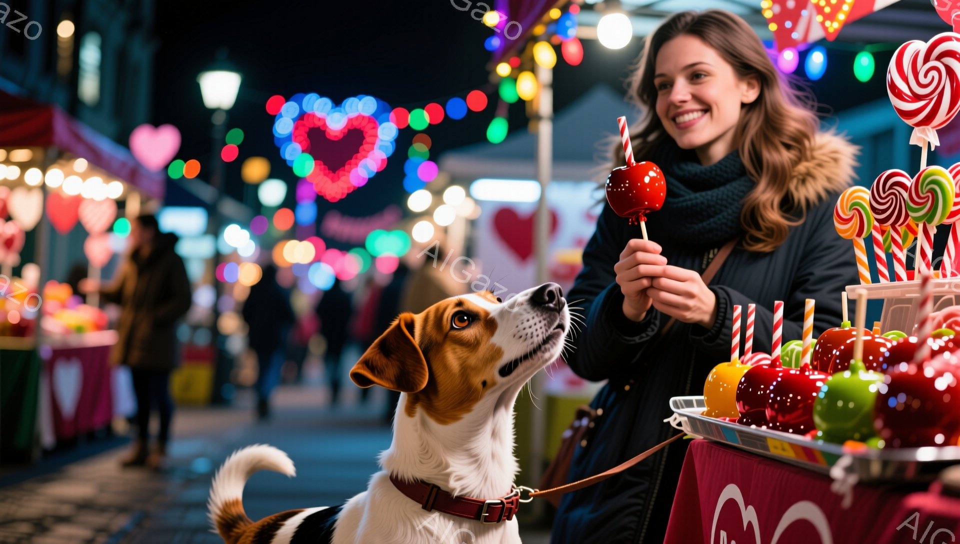 一人の女性がキャンディアップルを手に持ち、嬉しそうに下を見ている。彼女は黒いコートとスカーフを身につけ、髪を肩まで伸ばしている。背景にはクリスマスマーケットのような賑やかな光景が広がり、たくさんの人々とカラフルな装飾が楽しげな雰囲気を醸し出している。