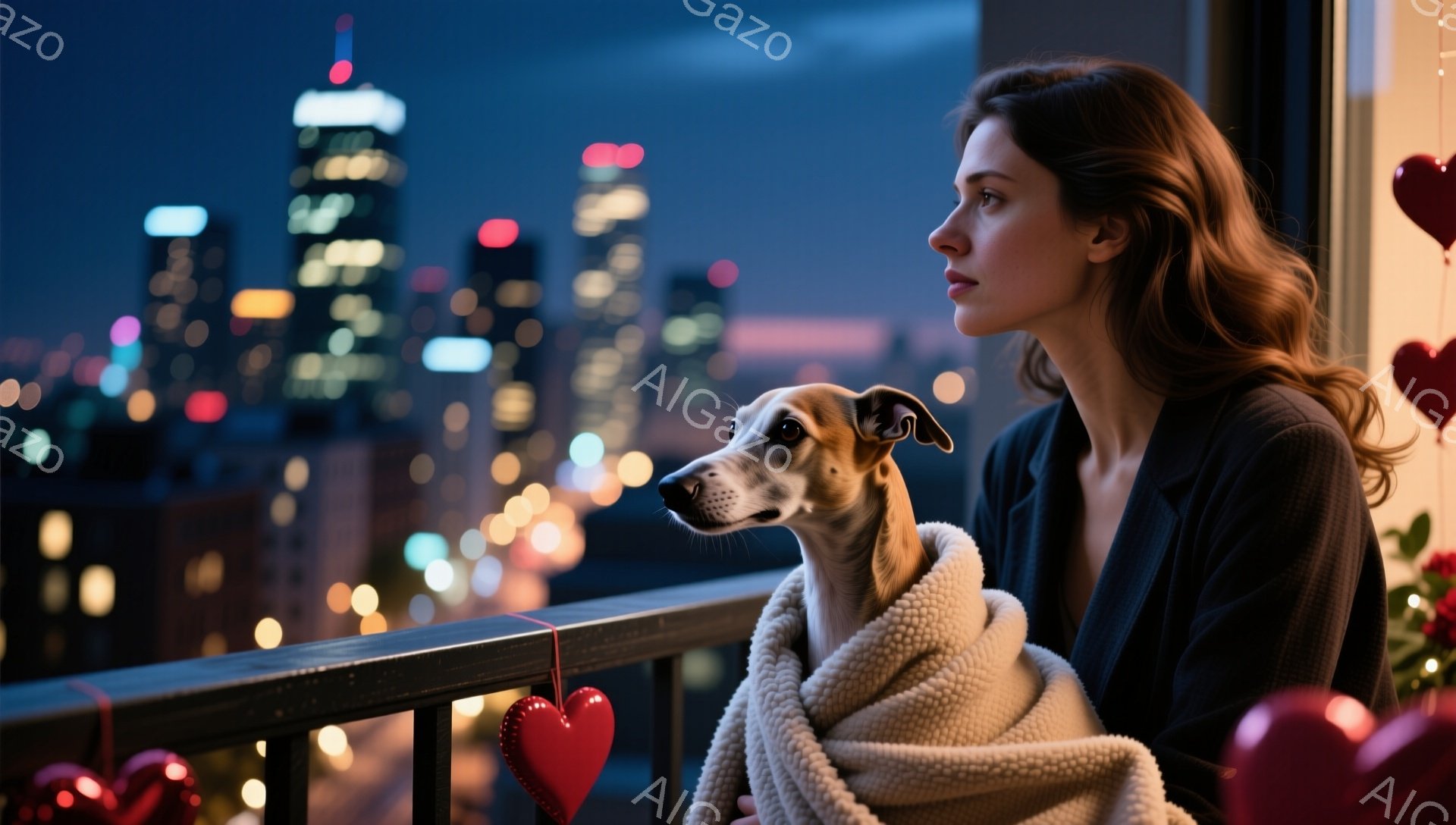 長い茶色の髪を持つ女性が、夜景を見下ろせるバルコニーに立っている。彼女は黒い服を着ており、物憂げな表情で遠くを見つめている。愛らしいグレイハウンドが彼女の腕に抱かれ、クリーム色のブランケットに包まれており、バルコニーには赤いハート型の装飾がいくつか飾られている。