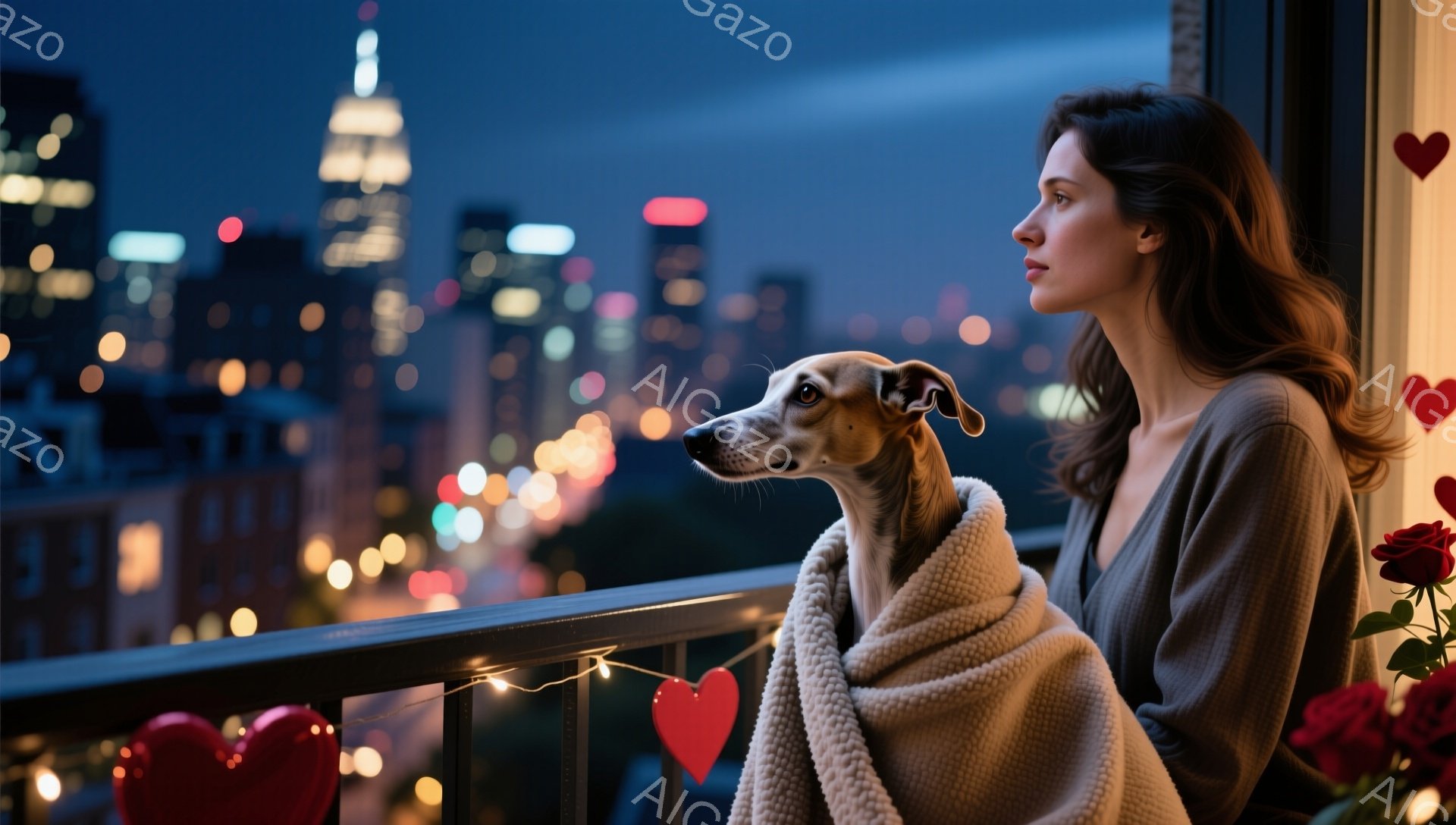 長髪の女性が、都市の夜景を見下ろすバルコニーに立っている。彼女はグレーのセーターを着ており、少し憂いを帯びた表情で遠くを見つめている。そばには、タオルで包まれたミニチュア・ピンシャーがおり、同じ方向を - AI生成フリー素材