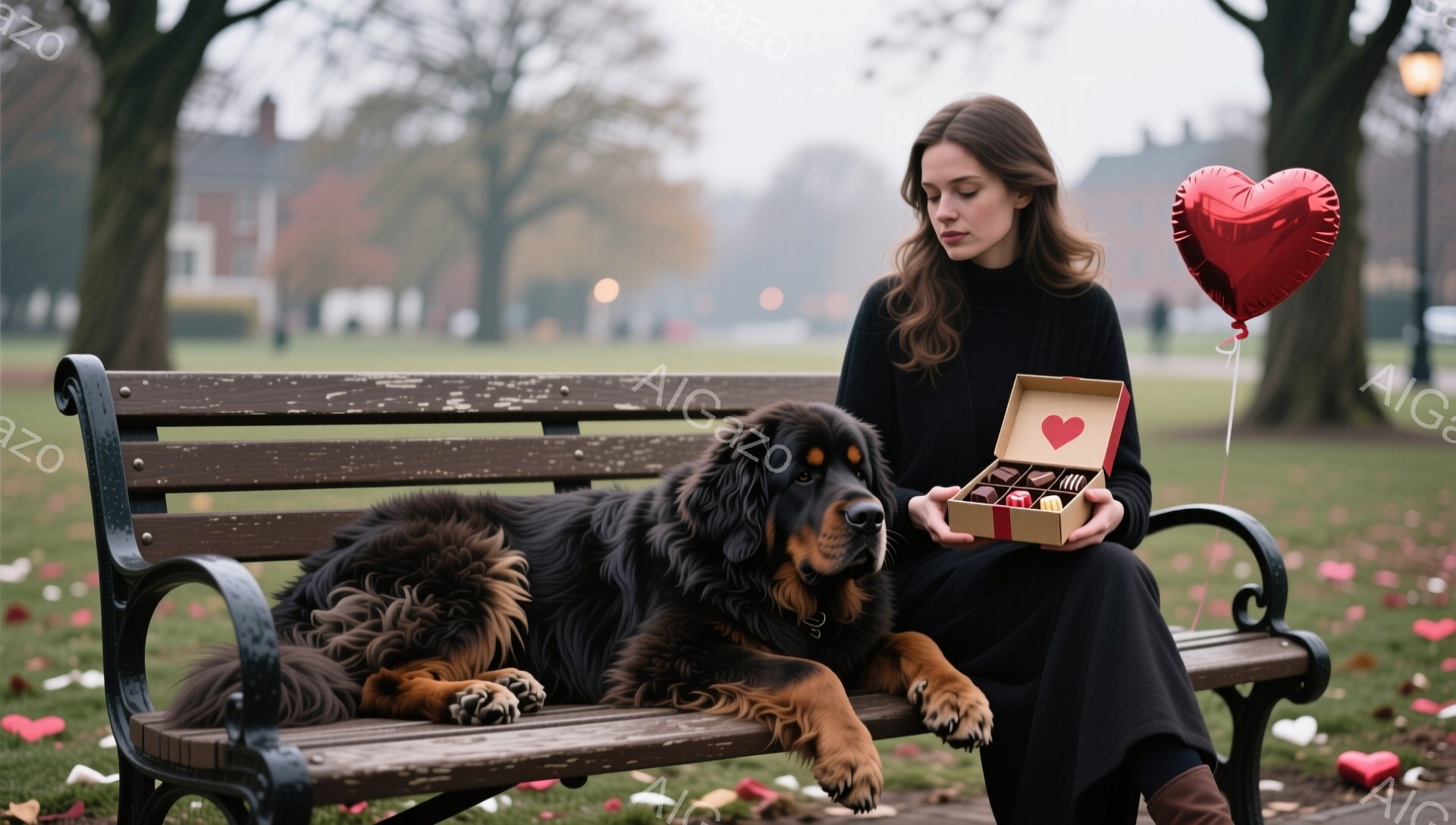 長い黒髪をセンターパートにした女性が、公園のベンチに座り、開いたチョコレートの箱を見つめています。彼女は黒いロングドレスとブーツを着用し、少し物憂げな表情をしています。背景には、灰色の空の下、裸の木々と広がる芝生、そして赤いハート型の風船が浮かび、ロマンチックで少し寂しげな雰囲気を醸し出しています。