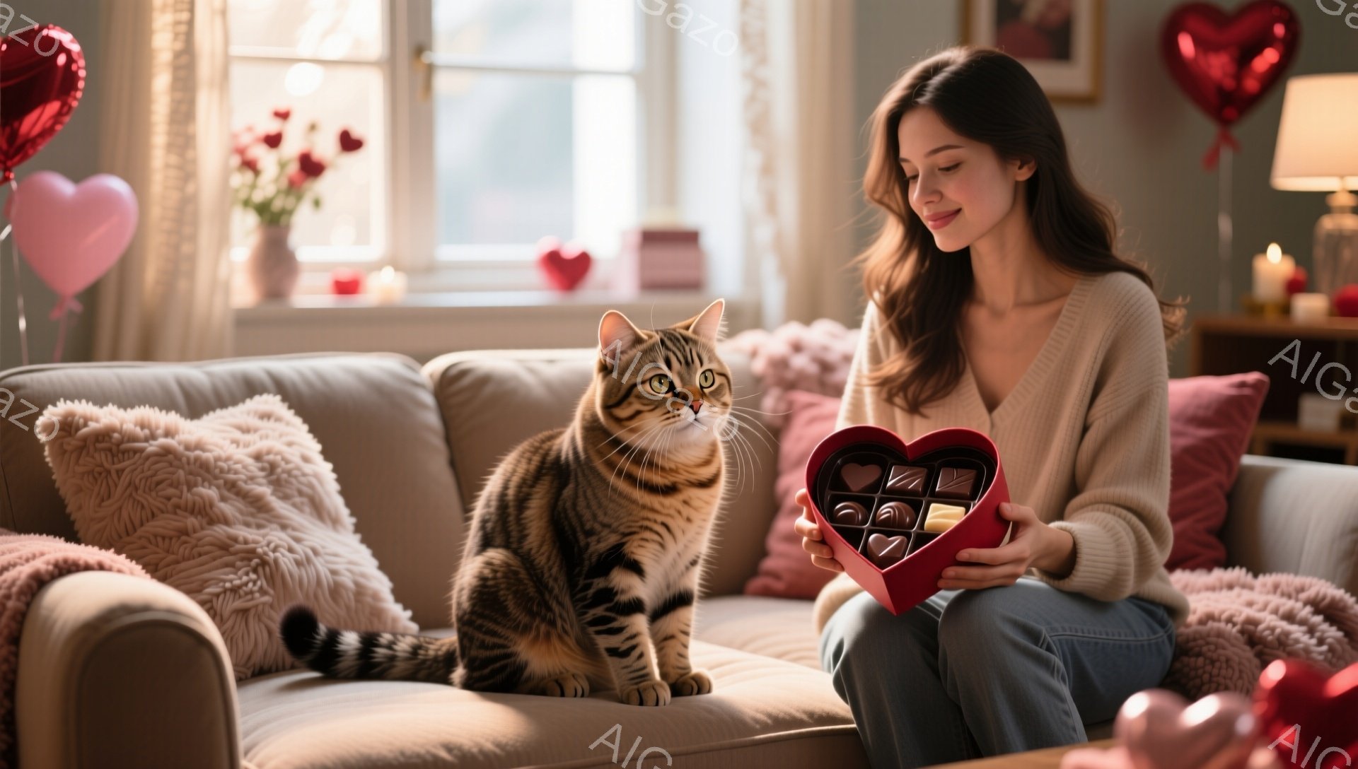 ソファに座る女性は、クリーム色のセーターとジーンズを着ており、長くゆるい髪を下ろしています。彼女は赤いハート型の箱を開けてチョコレートを見つめており、優しい笑顔を浮かべています。背景には、バレンタイン - AI生成フリー素材