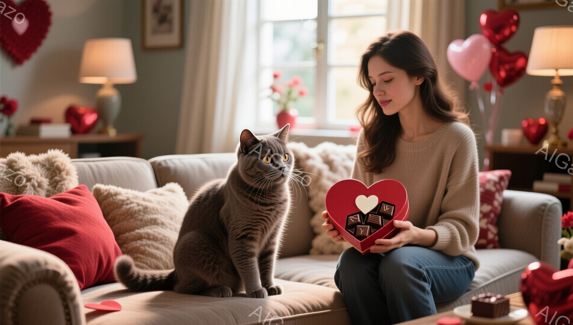 ソファに座る女性は、肩まで伸びた茶色の髪で、赤いハート型のチョコレートの箱を見つめています。彼女はセーターとジーンズを着ており、穏やかな表情をしています。背景には、赤いハートのバルーンや花束が飾られ、 - AI生成フリー素材