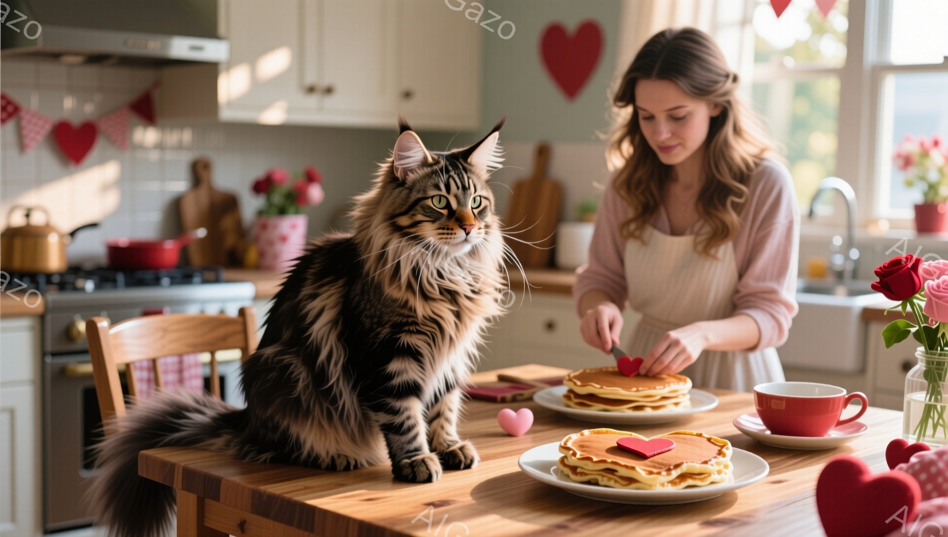 明るいキッチンで、茶色の毛並みを持つ大きな猫がテーブルに座り、何かを見つめています。女性はエプロンを着て、パンケーキに赤いハートの飾りを付けています。背景にはバレンタインデーを連想させるハートの飾りや - AI生成フリー素材