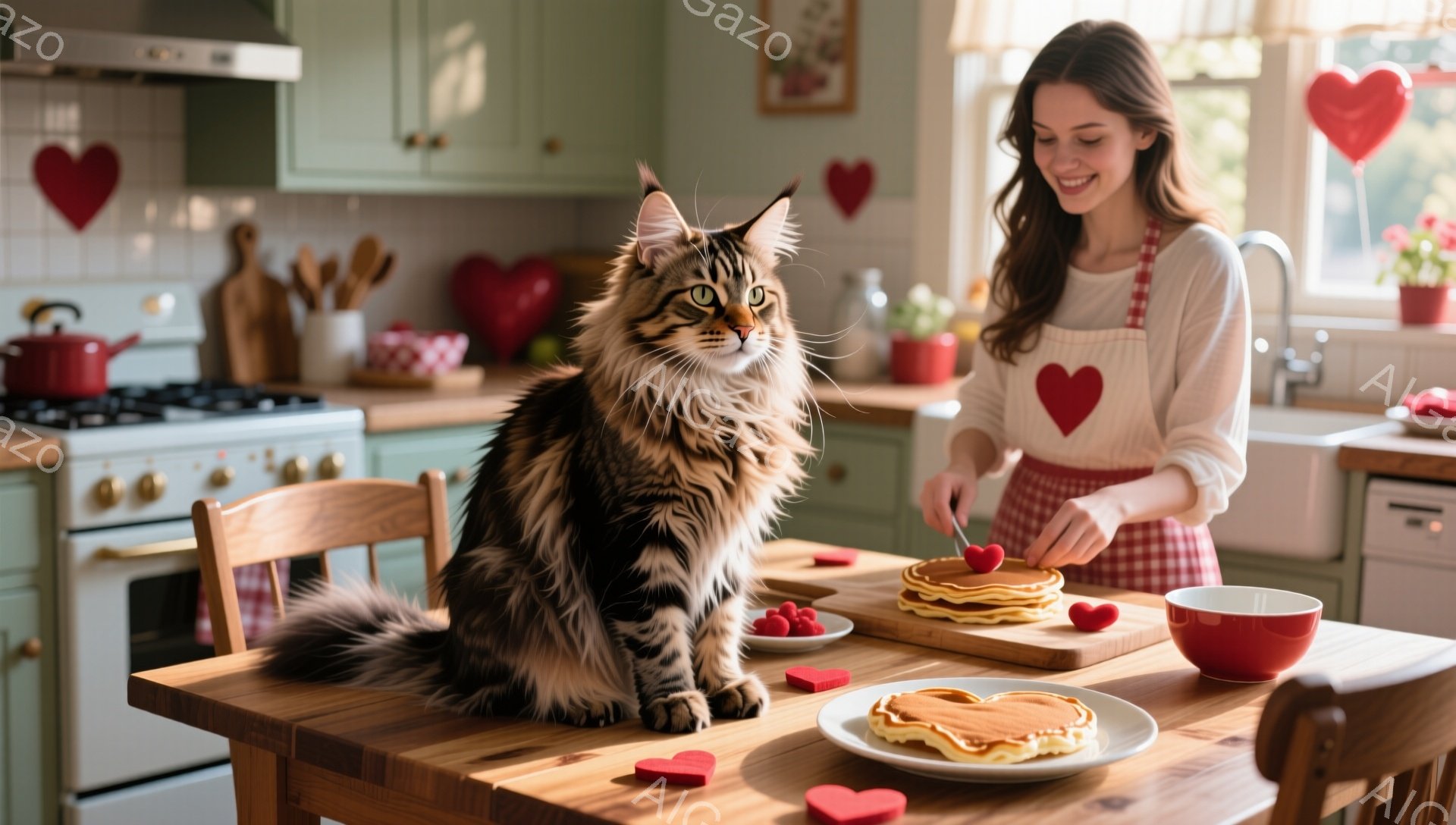 明るいキッチンで、長い毛並みの茶色の猫がテーブルに座ってこちらを見つめています。女性はエプロンを着て、パンケーキに赤いハートの形をしたトッピングを飾り、微笑んでいます。背景には緑色のキャビネット、赤いハートの装飾、窓からの自然光が見え、暖かく幸せな雰囲気が漂っています。