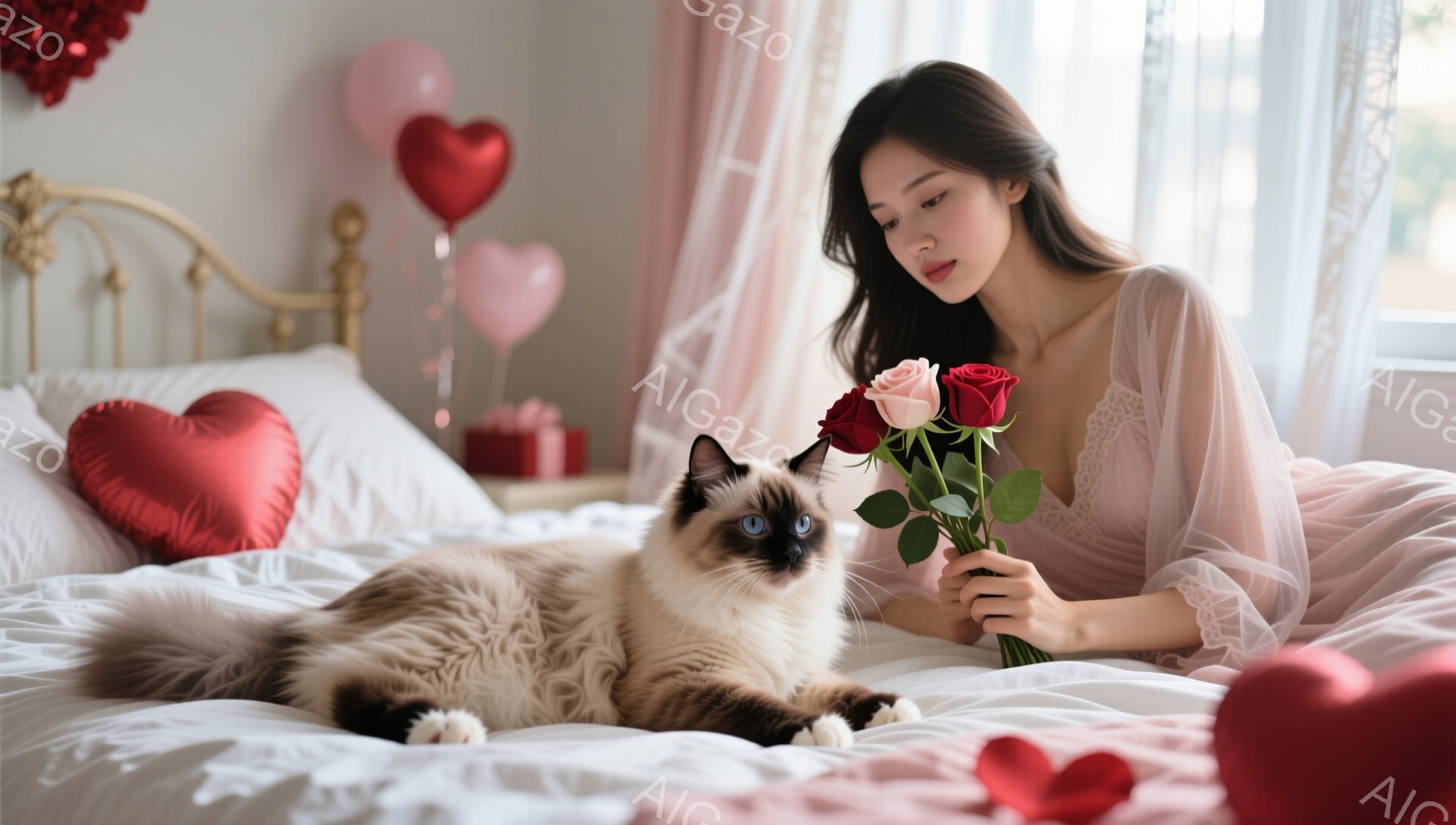 ベッドの上に横たわる若い女性が、手に赤いバラの花束を持っています。彼女は薄いピンク色のレースのパジャマのような服を着ており、長い黒髪を垂らしています。背景には、赤色のハート型の装飾や風船、そして美しい - AI生成フリー素材