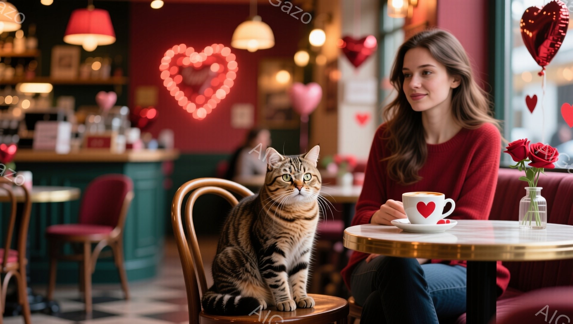 赤毛の女性が赤いセーターを着て、テーブルに座り、ハートが描かれたカップに入った飲み物を手に持っています。テーブルの隣には、縞模様の猫が座っており、背景にはバレンタインデーを彷彿とさせるハート型の装飾や - AI生成フリー素材