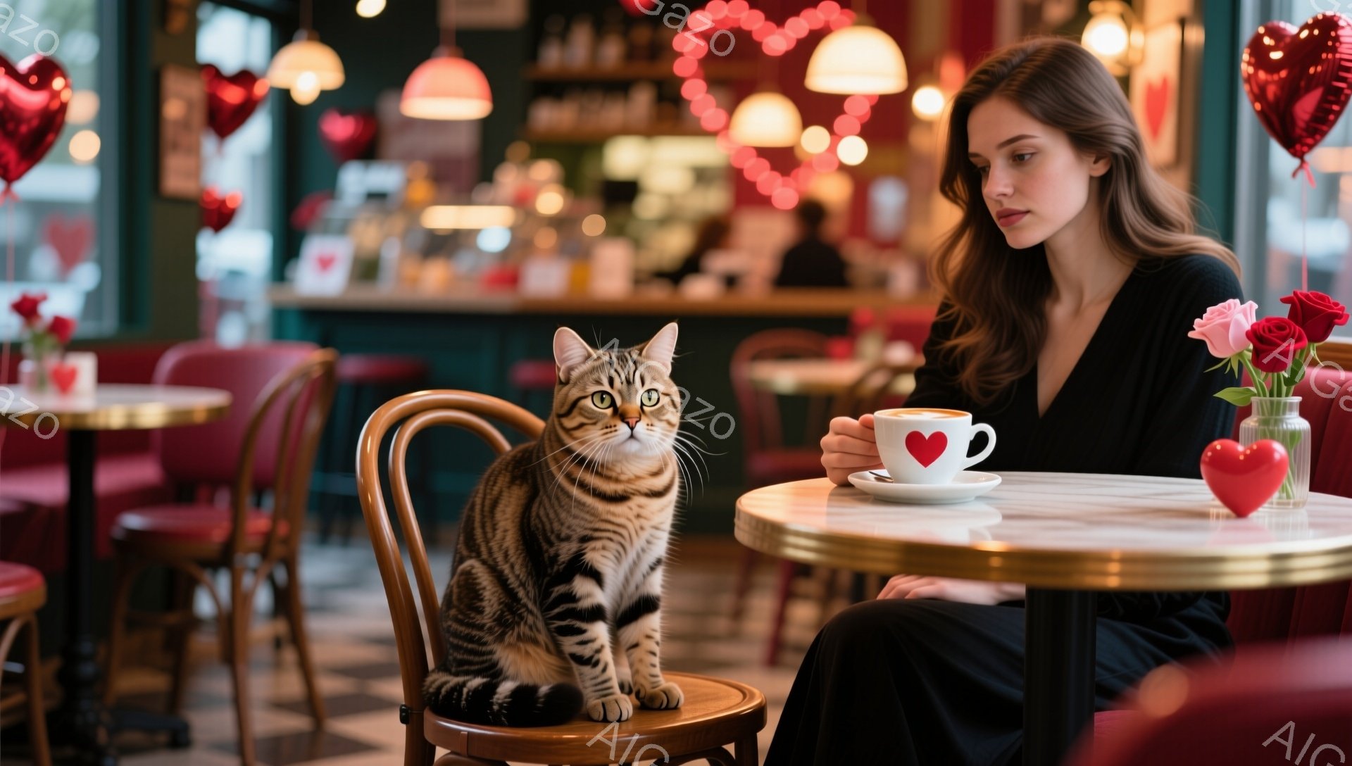 一人の女性がカフェでコーヒーを飲みながら、テーブルの向かいに座っている縞模様の猫を見つめています。女性は黒いドレスを着ており、長い髪は肩にかかっています。背景には、バレンタインデーの装飾が施されたカフェの店内があり、赤いハートのバルーンや花が飾られています。