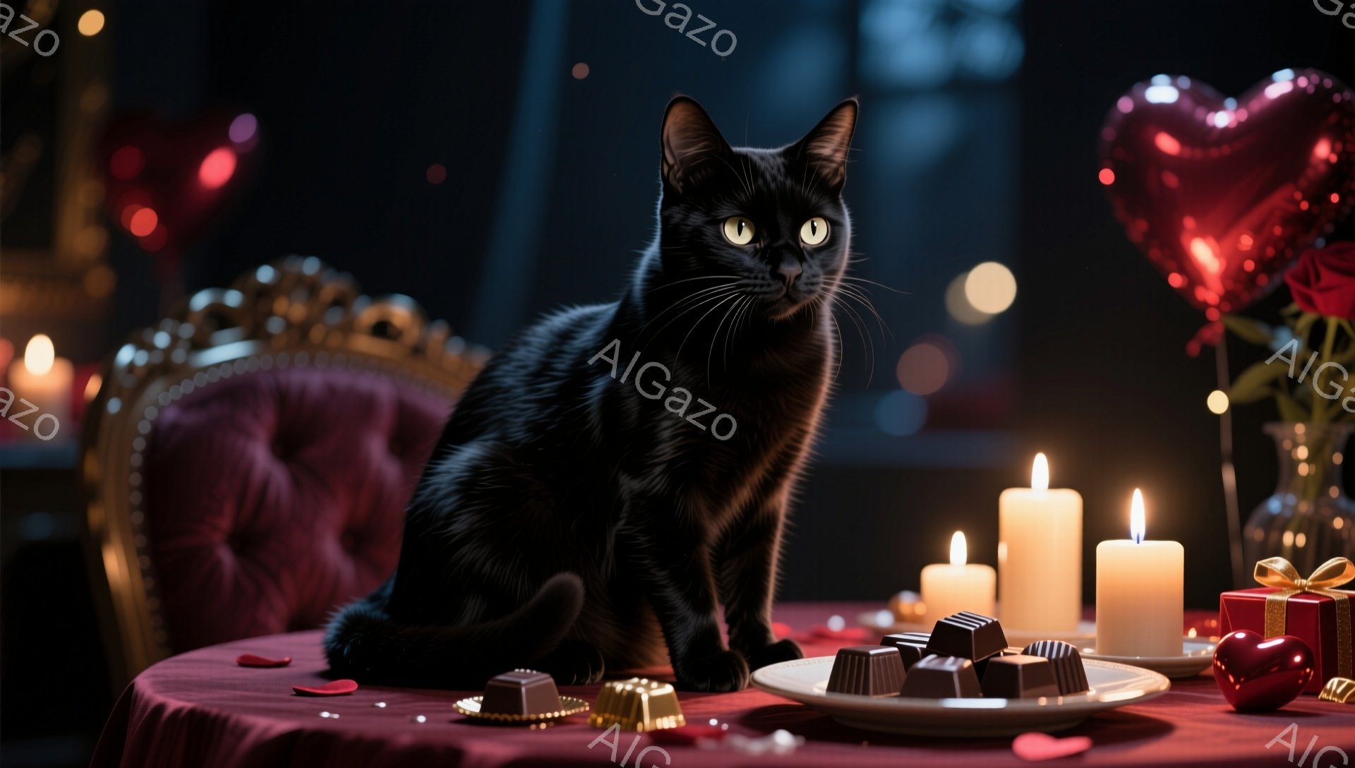 黒猫が赤いテーブルの上に座っており、その周りには点けられたキャンドルとチョコレートが並べられています。背景には赤いハート型の装飾とぼやけた光があり、ロマンチックで暖かい雰囲気を作り出しています。猫は正面を見ており、その表情は優雅で落ち着いています。