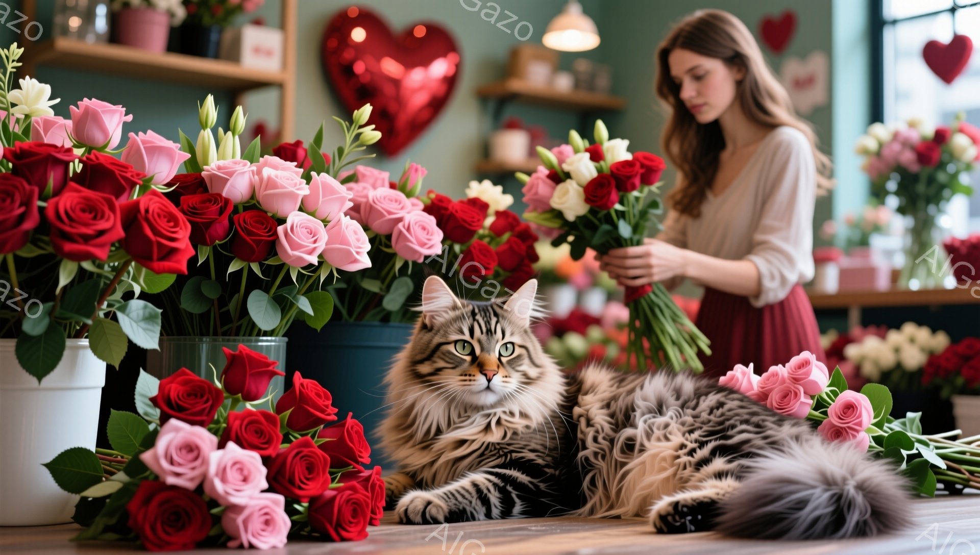 赤とピンクのバラの花束が並べられた花屋で、縞模様の大きな猫が床にゆったりと横たわっています。背景には、赤いハート型のバルーンが見え、若い女性が花束を抱えて作業しています。暖色系の色調と、花と猫の組み合 - AI生成フリー素材