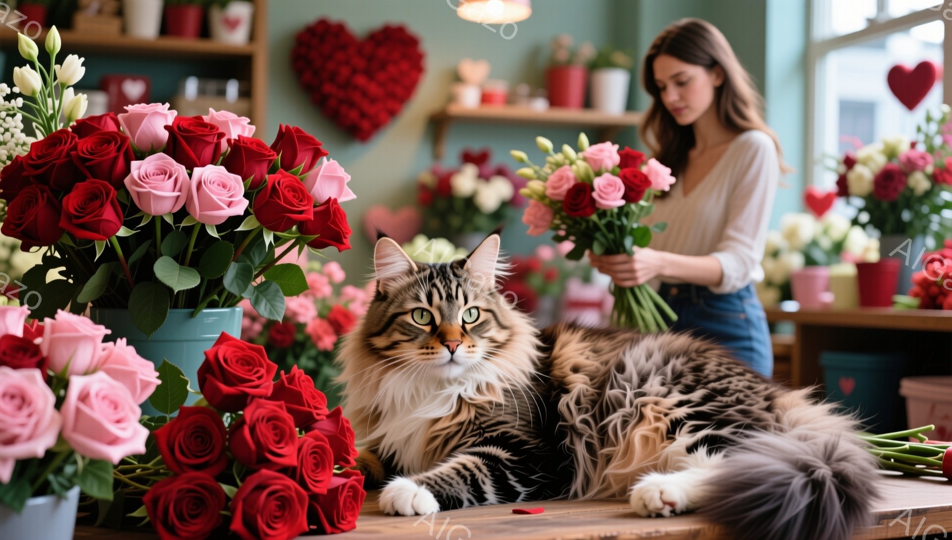 長毛の猫が木のテーブルの上で優雅に横たわっており、その周りには赤いバラとピンクのバラの花束が置かれています。背景には、花を整理している女性がおり、彼女は白いブラウスとジーンズを着て、髪を後ろでまとめて - AI生成フリー素材