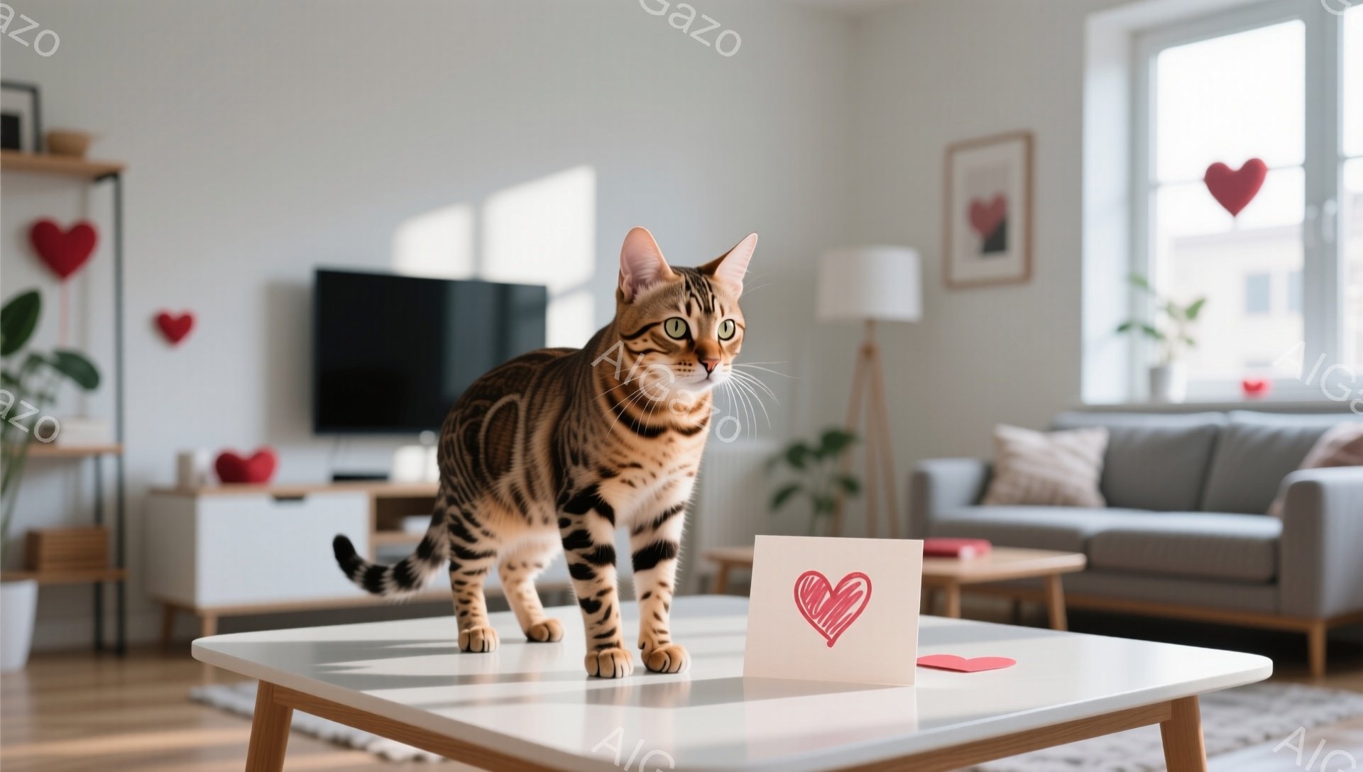 縞模様の猫が白いコーヒーテーブルの上で堂々と立っており、テーブルの上には赤いハートが描かれたカードがあります。背景には、テレビ、ソファ、観葉植物が見え、部屋全体が明るく清潔で温かい雰囲気を醸し出しています。赤いハート型の装飾がいくつかあり、バレンタインデーのようなイベントを連想させます。