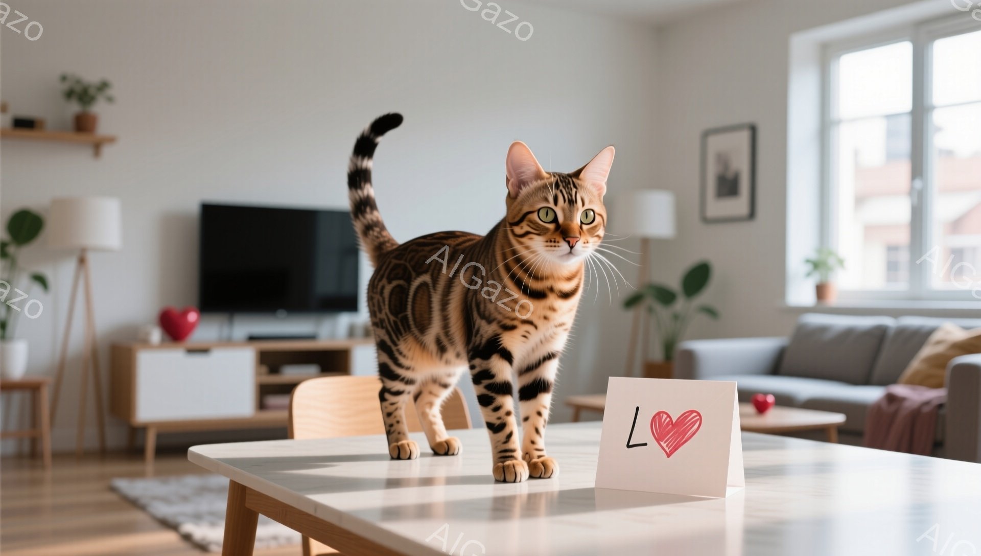 茶色のベンガル猫が白いテーブルの上で堂々と立っています。猫の背中は丸みを帯び、目はカメラをまっすぐ見つめていて、警戒と好奇心が混ざった表情をしています。背景には、明るいリビングルーム、白い家具、そして観葉植物が見え、温かく落ち着いた雰囲気が漂っています。