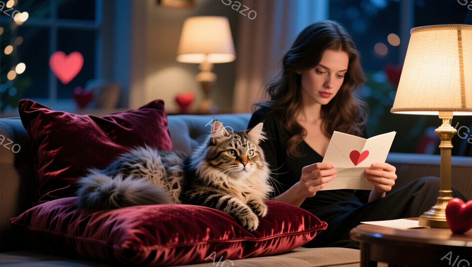 長い茶色の髪を肩に垂らし、黒いトップスを着た女性がソファーに座り、ハートが描かれた手紙を読んでいます。大きな縞模様の猫が赤いベルベットのクッションの上でリラックスして横たわっており、背景には暖色系の照明とぼやけた装飾が映っています。全体的に、温かく居心地の良い、親密な雰囲気の室内シーンです。