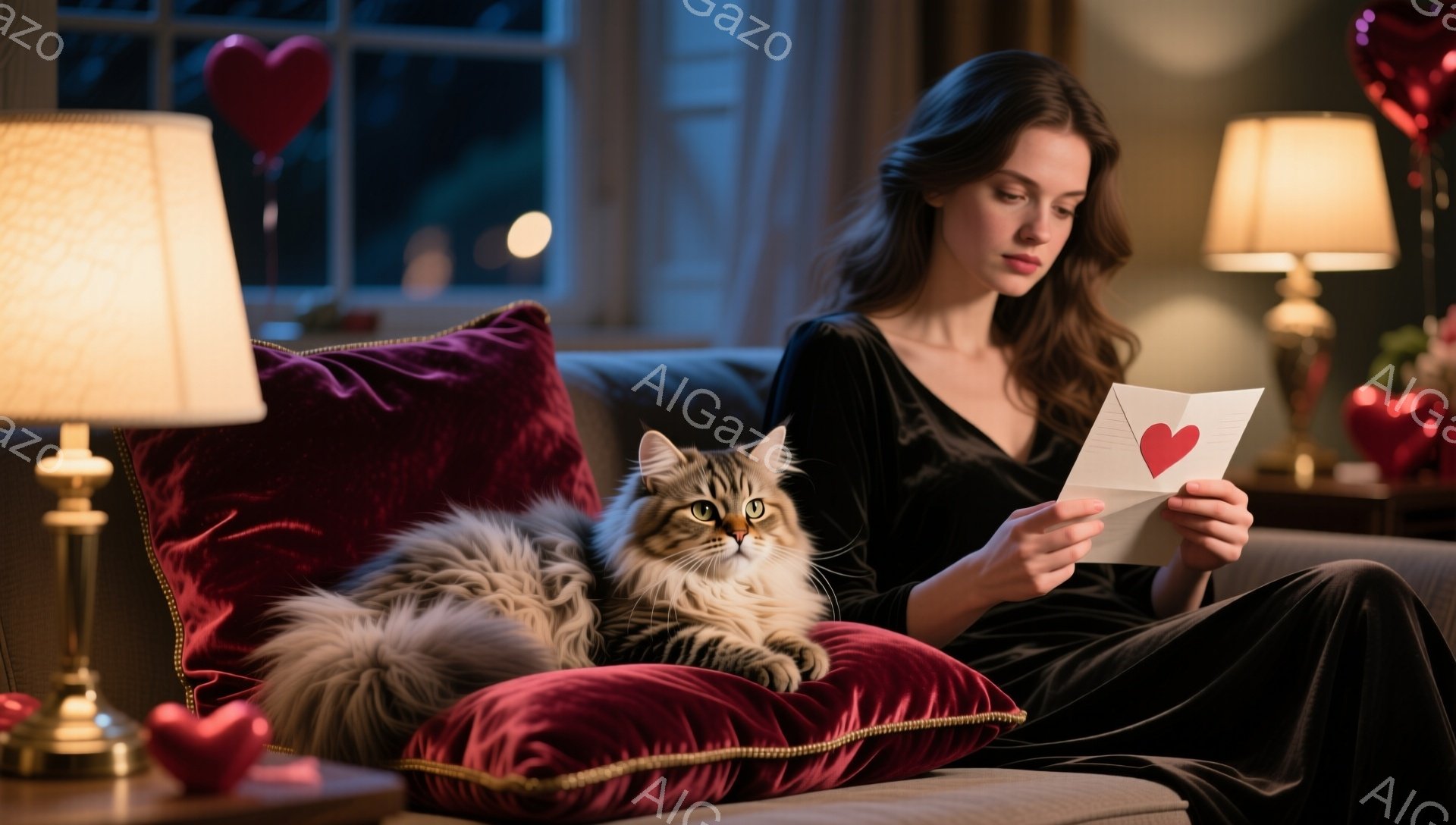 長い茶色の髪をした女性が、赤いベルベットのクッションに寄りかかり、手にはハートが描かれた手紙を持っている。彼女は黒いドレスを着ており、少し物憂げな表情で手紙を読んでいる。背景には、ぼんやりと光る電球や、ハート形の装飾が見え、暖かくロマンチックな雰囲気である。