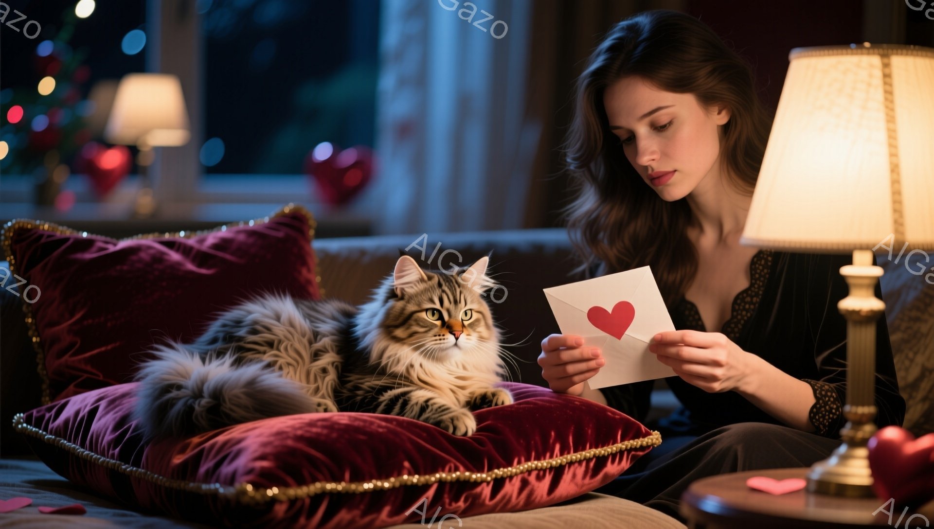深紅のベルベットクッションに横たわる長毛の猫と、手紙を読む女性が写っている。女性は黒いトップスを着ており、髪は肩にかかる長さのゆるいウェーブがかかっている。背景にはぼやけたクリスマスツリーと暖炉の光が見え、全体的に暖かくロマンチックな雰囲気が漂っている。