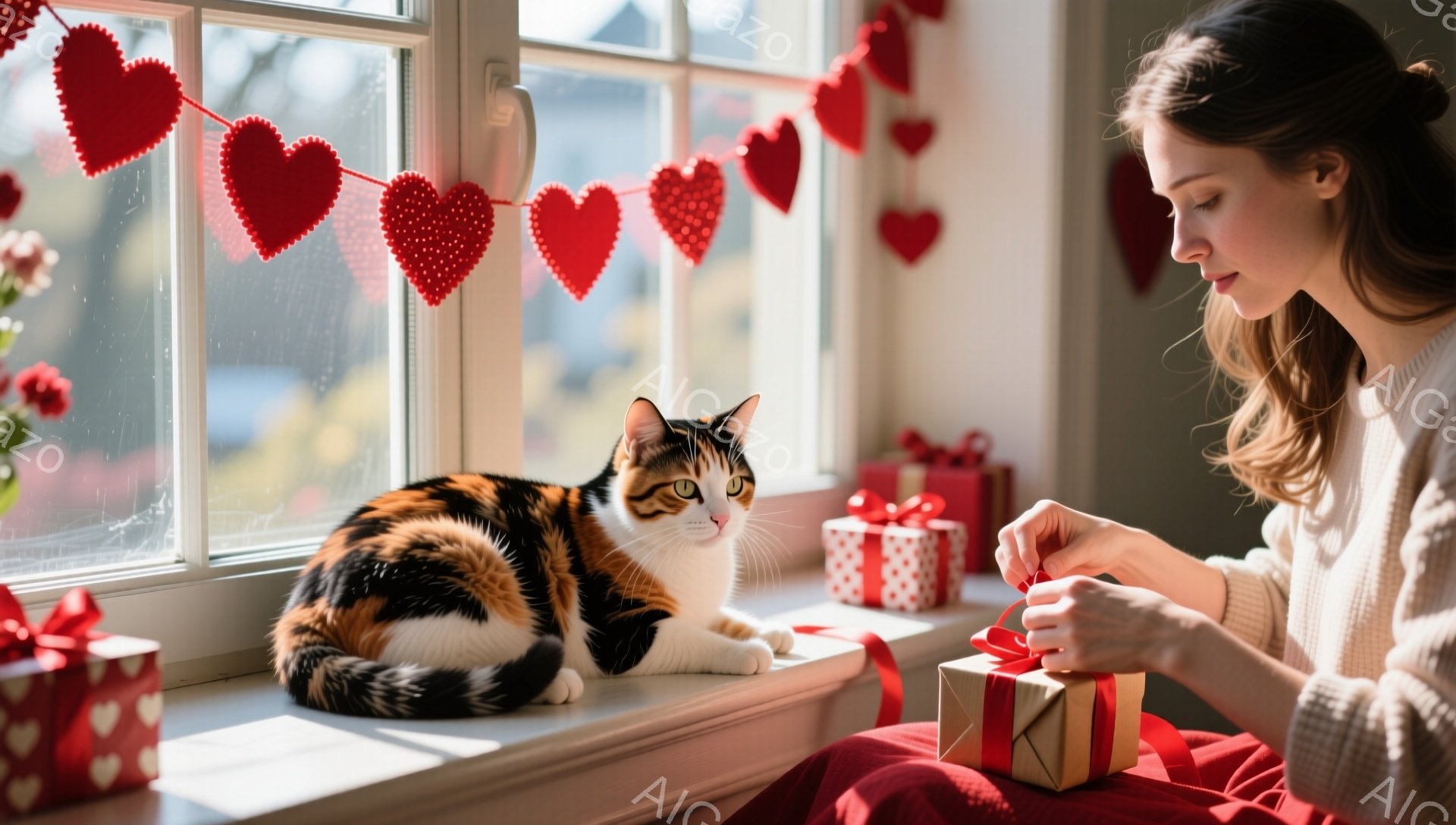 明るい窓辺で、茶色、白、黒の三毛猫がリラックスして座っています。女性は赤いスカートと白いセーターを着ており、プレゼントに赤いリボンを結ぶ作業に集中しています。背景には赤いハートのガーランドが飾られ、プレゼントボックスがいくつか並んでおり、温かく、愛情に満ちた雰囲気が漂っています。