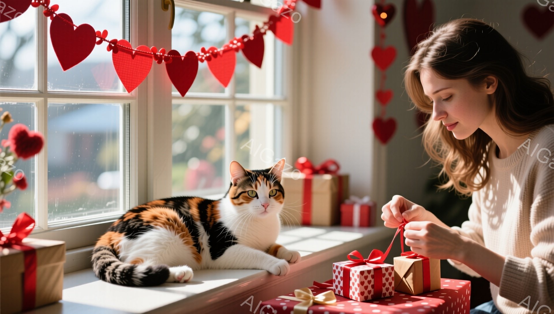 明るい窓辺に、三毛猫がゆったりと横たわっています。女性は白いセーターを着て、赤いリボンでプレゼントを飾り付けており、愛情に満ちた表情で作業に集中しています。背景には赤いハートのガーランドが飾られ、プレゼントボックスが並び、全体的に温かくロマンチックな雰囲気が漂っています。