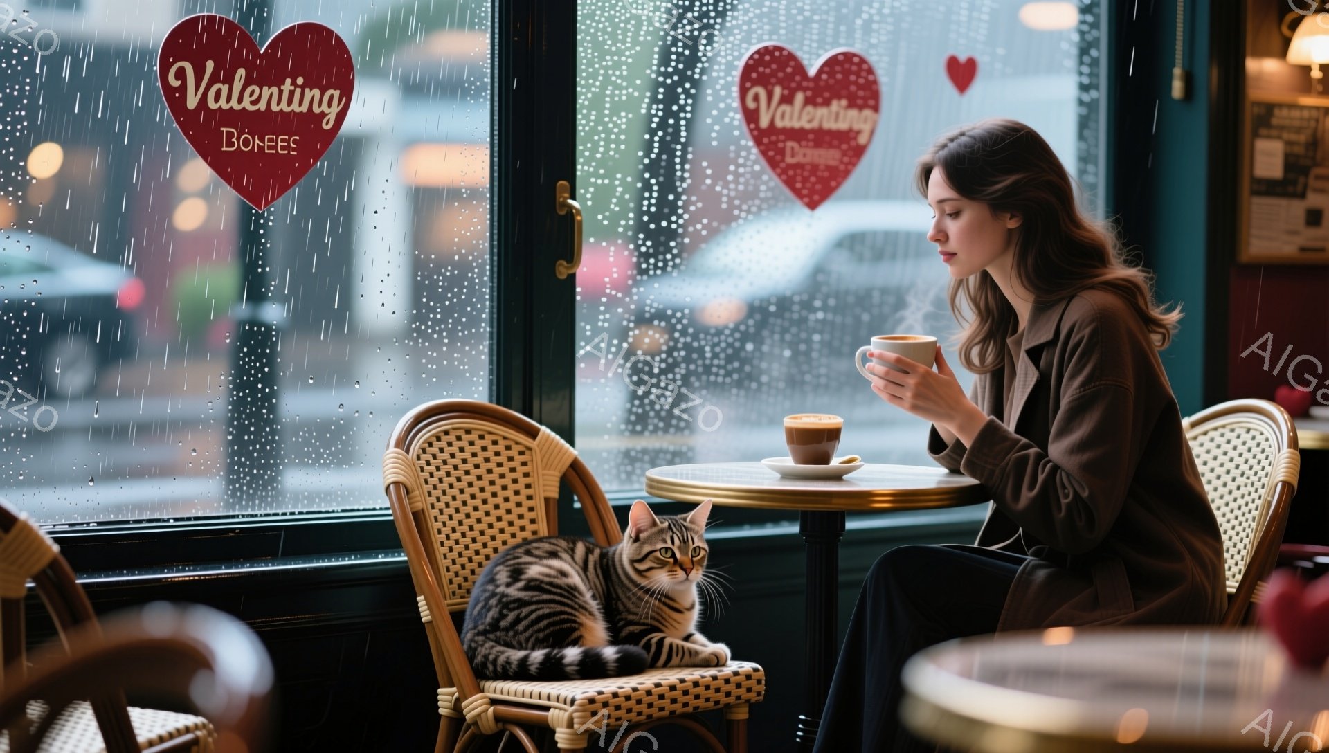 雨の日のカフェの窓際に、茶色のジャケットを着た若い女性が座っています。彼女はカップに入った飲み物を手に持ち、穏やかな表情でそれを眺めています。窓の外は雨が強く、道路と建物がぼやけて見え、カフェの窓にはバレンタインデーの飾りがあります。