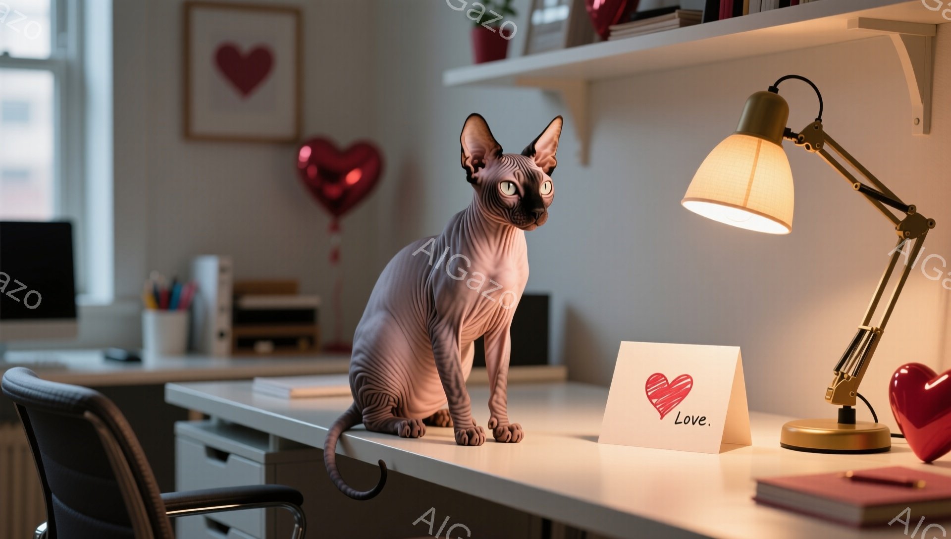 裸猫（スフィンクス）が白い机の上に座っており、少し前に傾いています。机の上には「Love」と書かれたハート型のカードと、ランプ、筆記用具、赤いハート型の飾りがあります。背景には本棚とコンピュータのモニターが見え、暖かい室内でリラックスした雰囲気です。