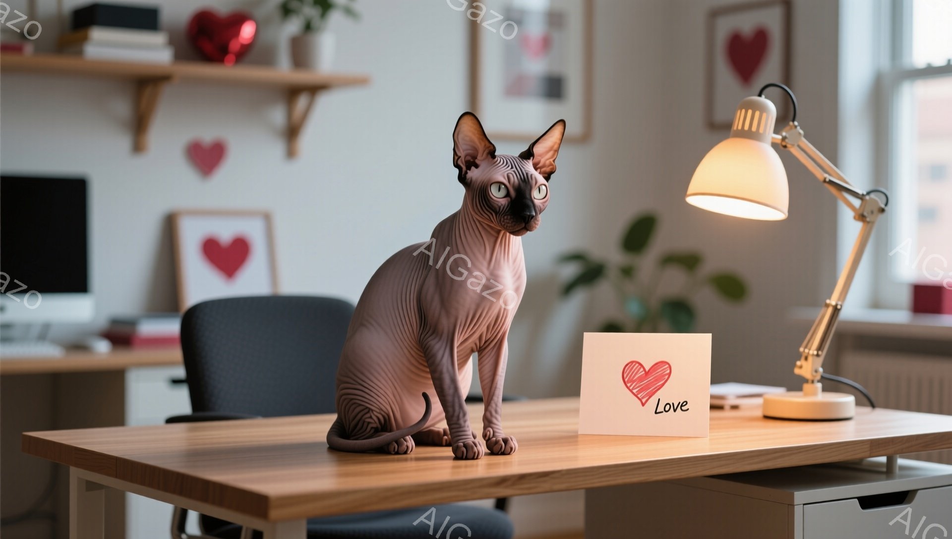 ベージュ色の机の上に、毛のないスフィンクス猫が座っています。その猫は少しこちらを見ており、穏やかな表情をしています。背景には、ハートの絵が飾られた壁や、植物、ランプなどがあり、全体的に温かく居心地の良い雰囲気が漂っています。