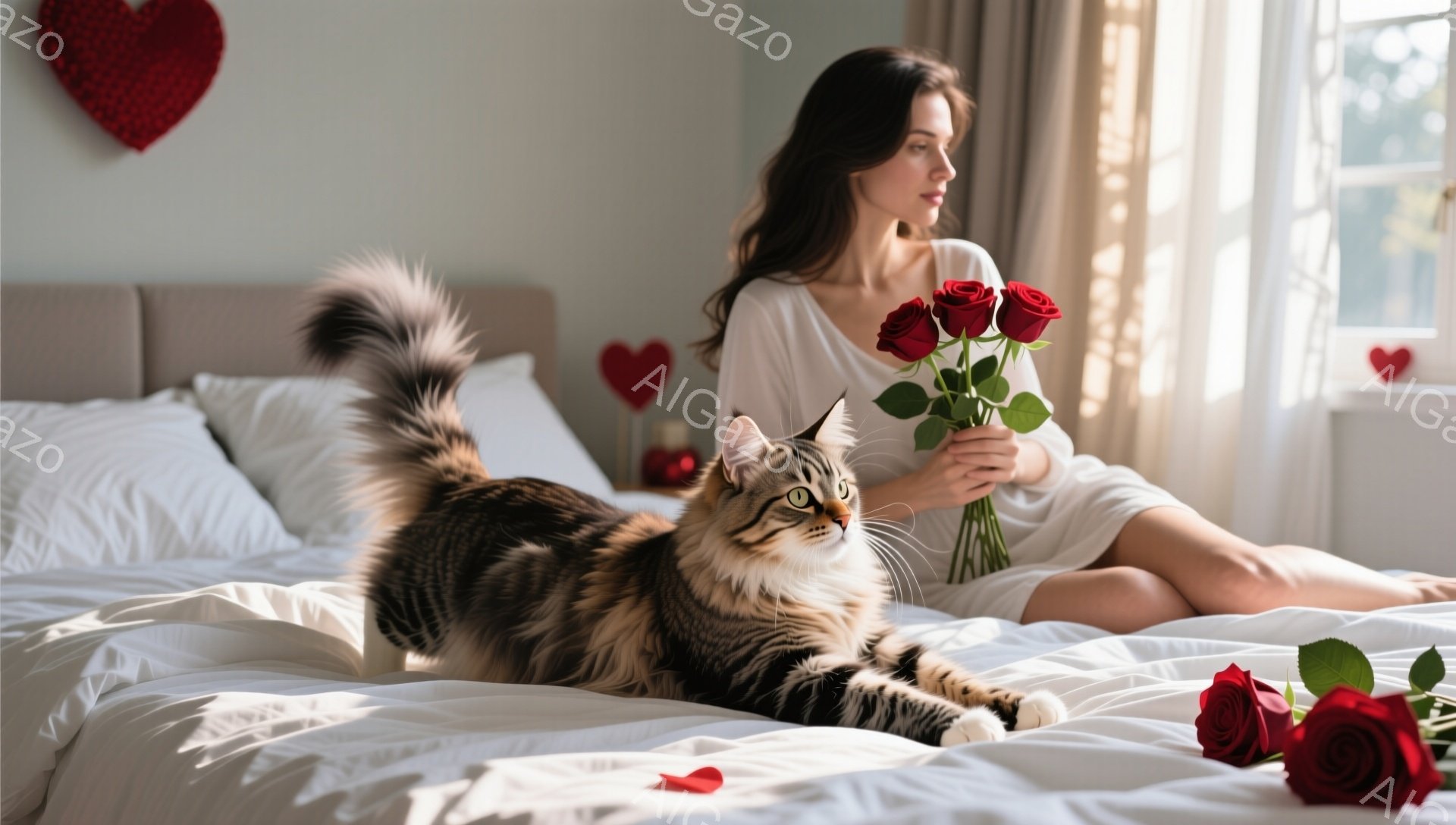 ベッドの上で、大きな毛並みの縞模様の猫がリラックスして横たわっており、興味深そうにカメラの方を見ている。背景には、赤いバラの花束を持った女性が座っており、憂いのある表情で遠くを見つめている。室内は暖か - AI生成フリー素材