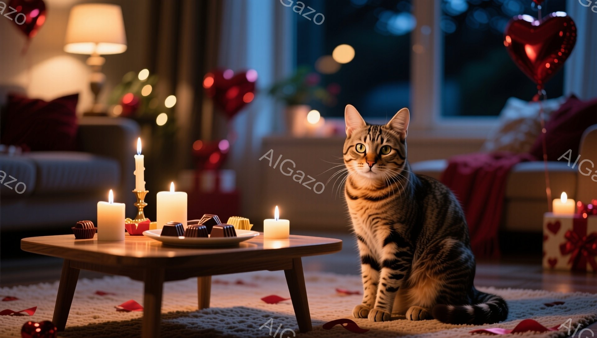 縞模様の猫が、小さなテーブルの前に座っています。テーブルの上には、点灯したキャンドル、チョコレート、そして小さなデザートが並べられており、床には赤い花びらが散らばっています。背景には、赤いハート型の風 - AI生成フリー素材