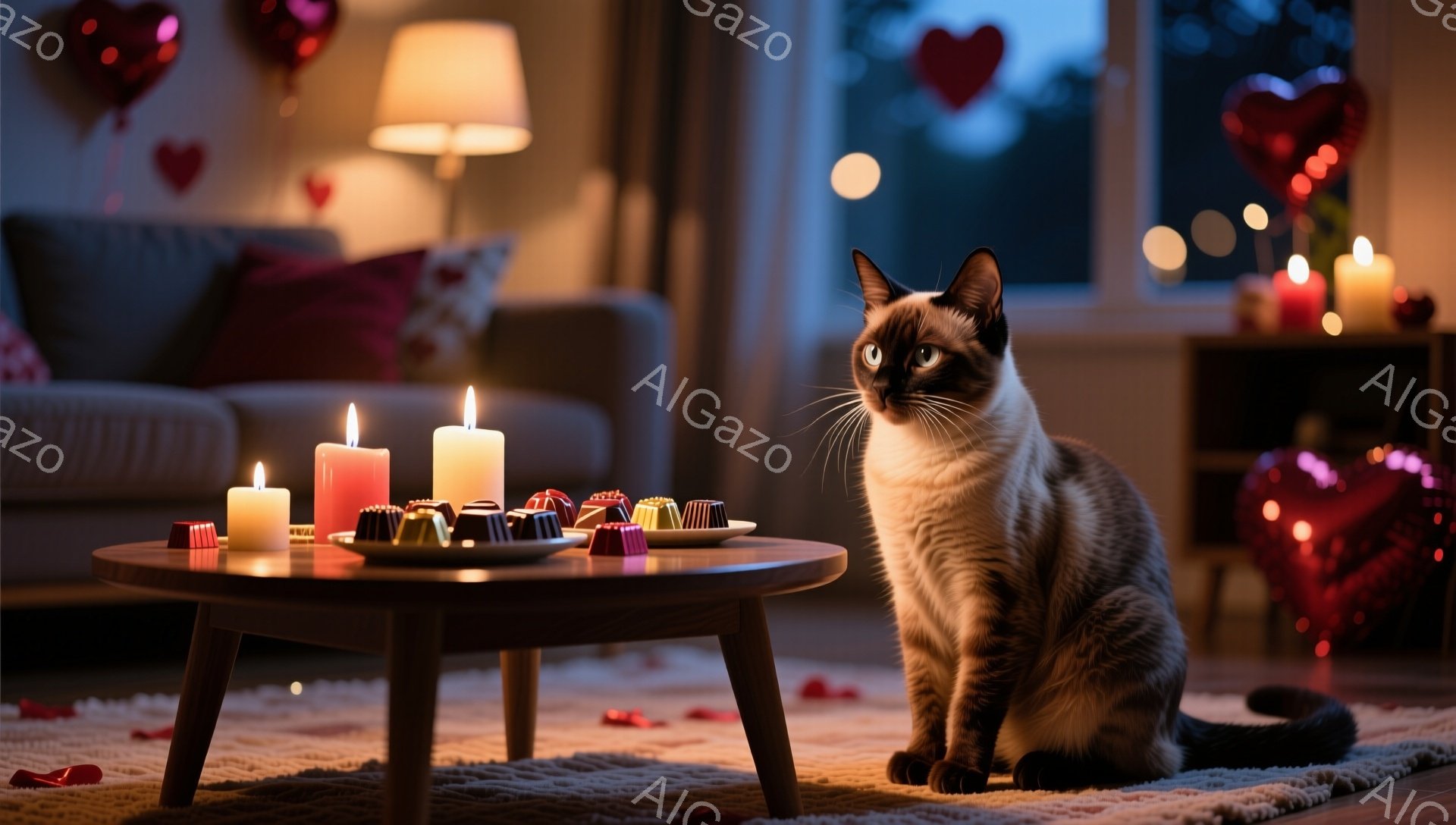 暖かい光に包まれたリビングルームに、クリーム色のシャム猫がテーブルの横に座っています。テーブルの上には、点けられたキャンドルとチョコレートが並び、周りには赤いハート型の装飾が散りばめられています。背景 - AI生成フリー素材