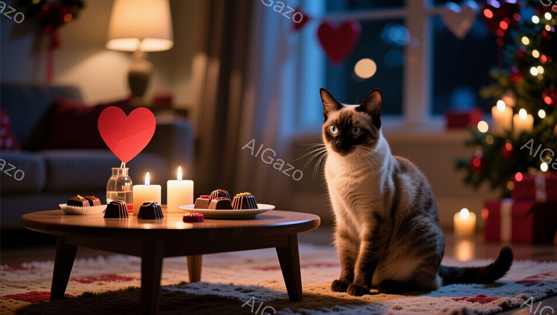 シーマル猫が、小さな丸いテーブルの横に座り、カメラの方を見ている。テーブルの上には、いくつかのキャンドルとチョコレート菓子が置かれており、背景にはクリスマスツリーと赤いハート型の飾りが見える、暖かくロ - AI生成フリー素材