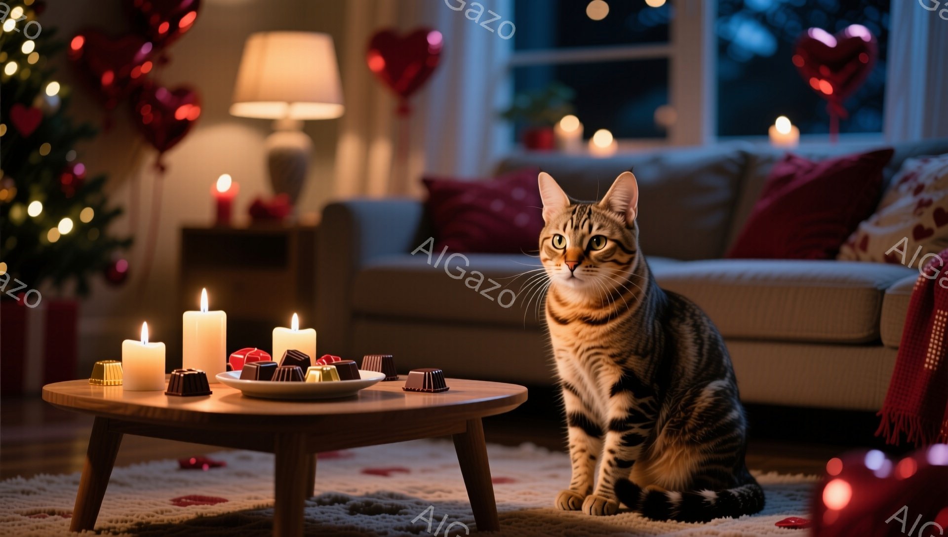 茶色の縞模様の猫が、小さな丸いテーブルのそばに座ってこちらを見ている。テーブルの上には、いくつかの白いロウソクとチョコレートが並べられており、周囲には赤いハートの紙吹雪が散らばっている。背景には、ソファと間接照明、そしてぼんやりと見えるクリスマスツリーがあり、温かくロマンチックな雰囲気を醸し出している。