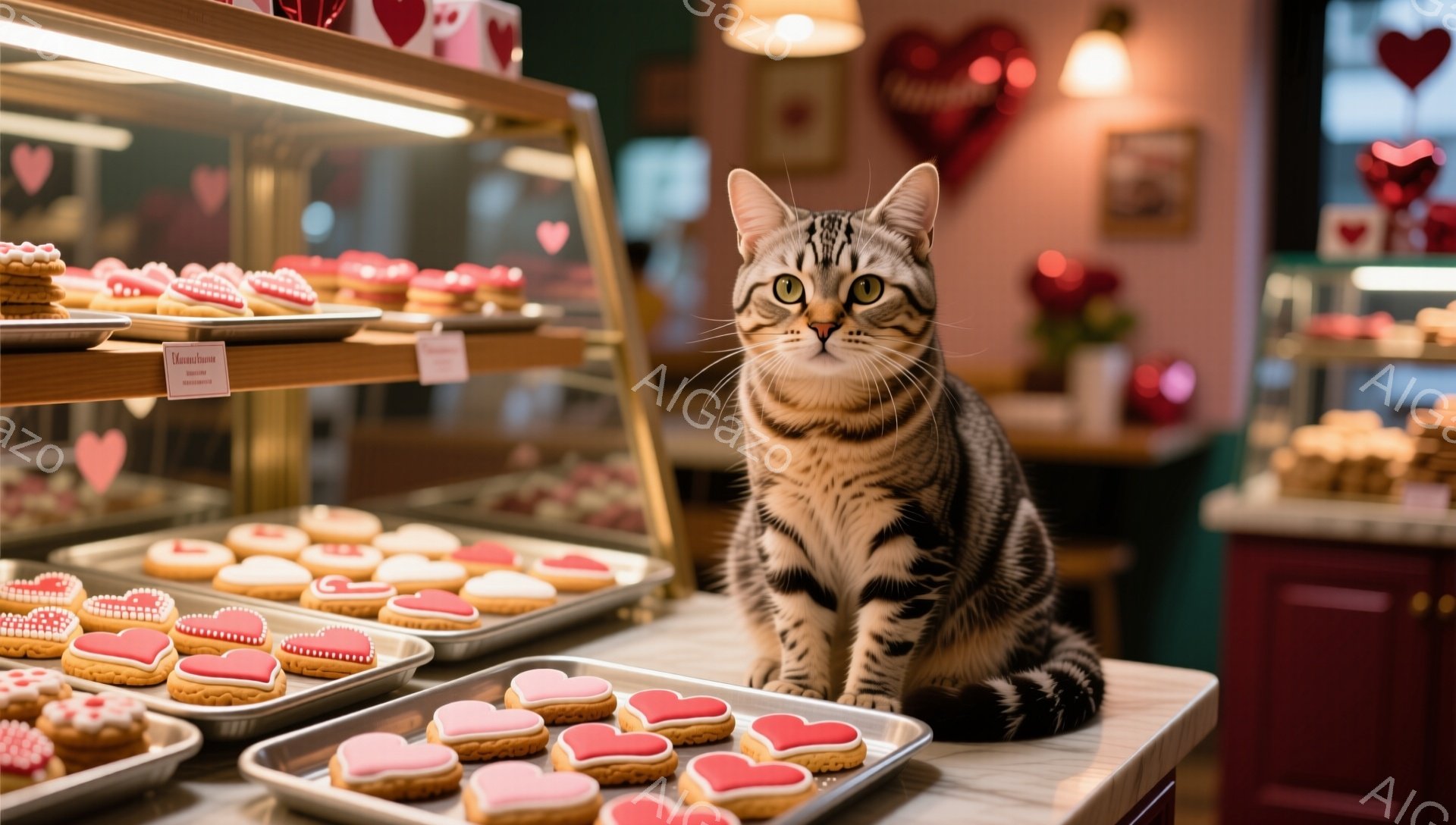 画像には、ショーケースの上に座った縞模様の猫が写っています。猫は前をまっすぐ見つめ、鋭い眼差しで周囲を観察しているようです。背景には、ハート型のクッキーが並べられたトレイと、ピンクと赤色の装飾が飾られたショーケースが見え、バレンタインデーの雰囲気が漂っています。