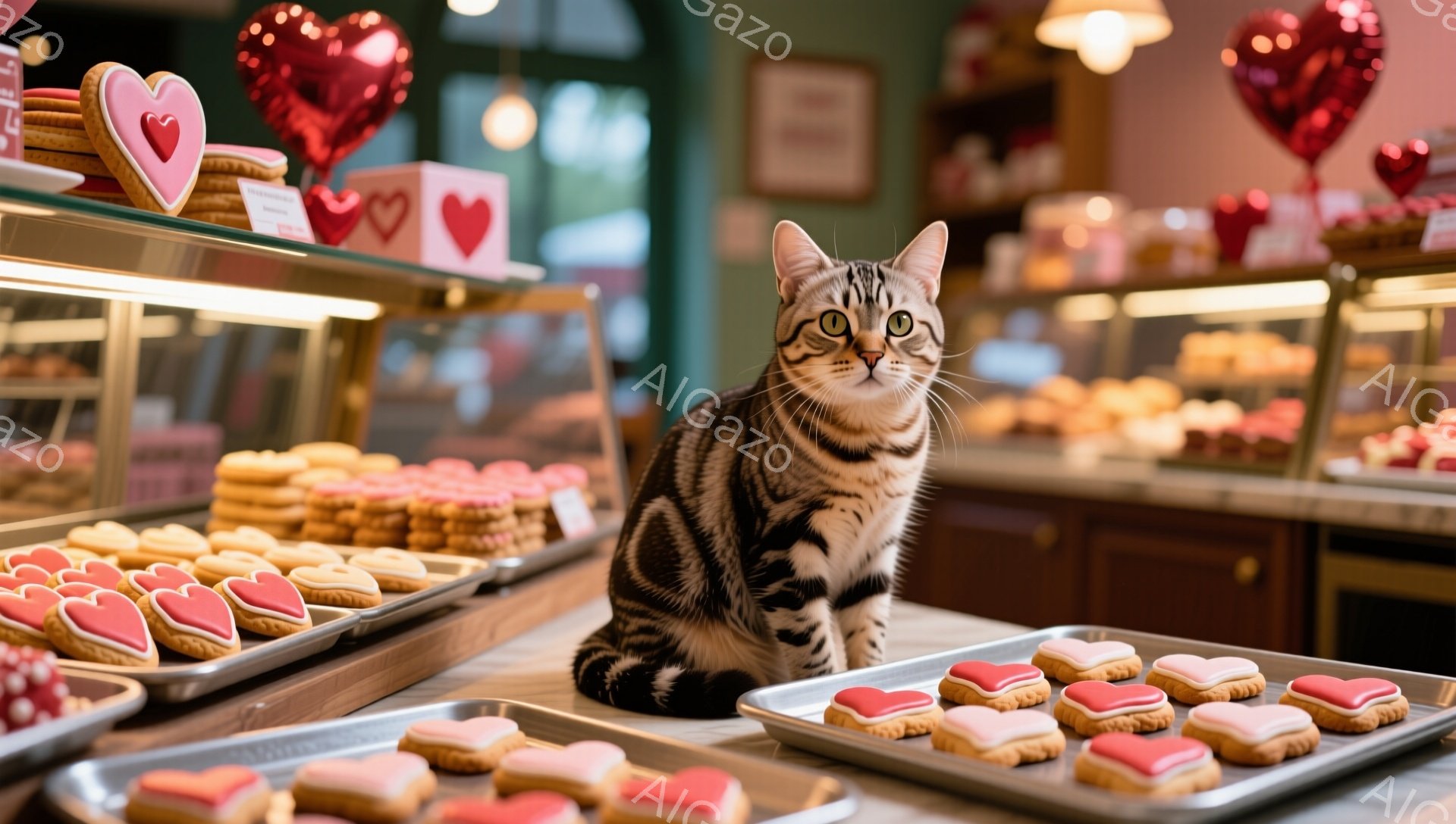白と黒の縞模様の猫が、ハート型のクッキーが並んだ焼き菓子の棚の前で座っています。背景には、ショーケースや飾り付けられたバルーンが見え、お店の温かい雰囲気が伝わってきます。バレンタインデーを意識した装飾がされており、愛情のこもった光景です。