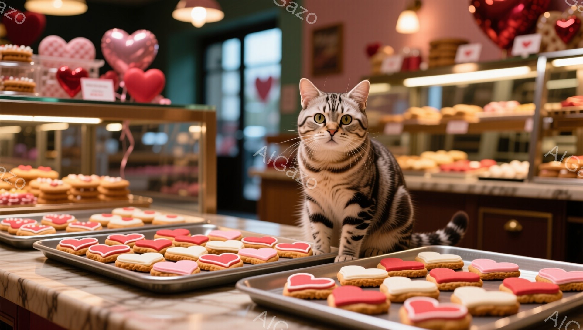 白と黒の縞模様の猫が、バレンタインデーをテーマにしたクッキーが並んだカウンターの上に座っています。猫は正面を見ており、落ち着いた表情をしています。背景には、ハート型のバルーンや焼き菓子が並んだショーケースがあり、温かみのある店内の雰囲気を感じさせます。