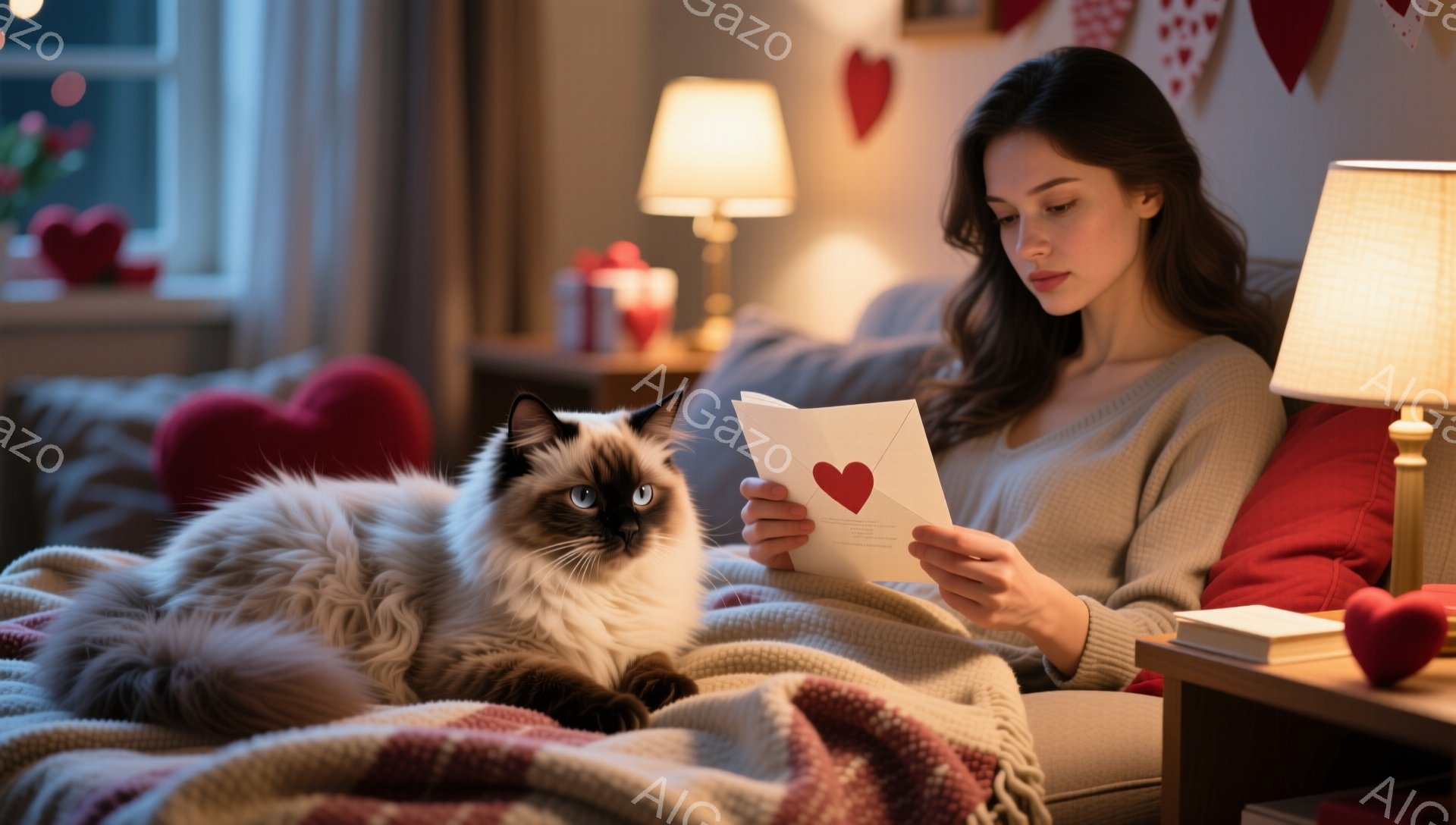 茶色の毛並みのラグドール猫が、女性の膝の上で丸まってリラックスしています。女性はグレーのセーターを着ており、明るい照明の下で赤いハートのイラストが描かれた手紙を読んでいます。背景には赤いクッションやハート形の装飾が散りばめられ、暖かく穏やかな大人の雰囲気が漂っています。