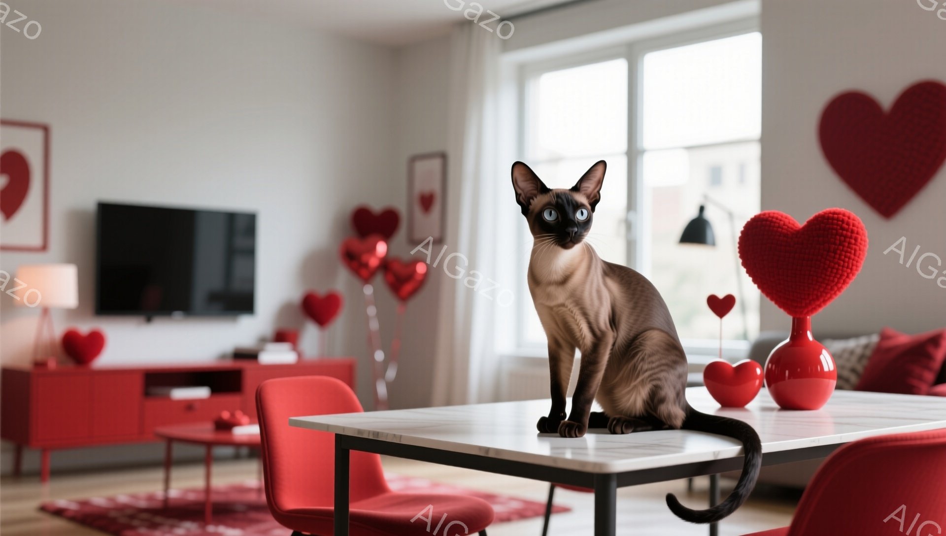 シーラムカラーの猫が白いテーブルの上に優雅に座っています。背景にはバレンタインデーを思わせる赤いハートの装飾が散りばめられたリビングルームがあり、窓からは明るい光が差し込んでいます。全体的に暖かく、お祝いの雰囲気で、猫が中心となり落ち着いた雰囲気を作り出しています。