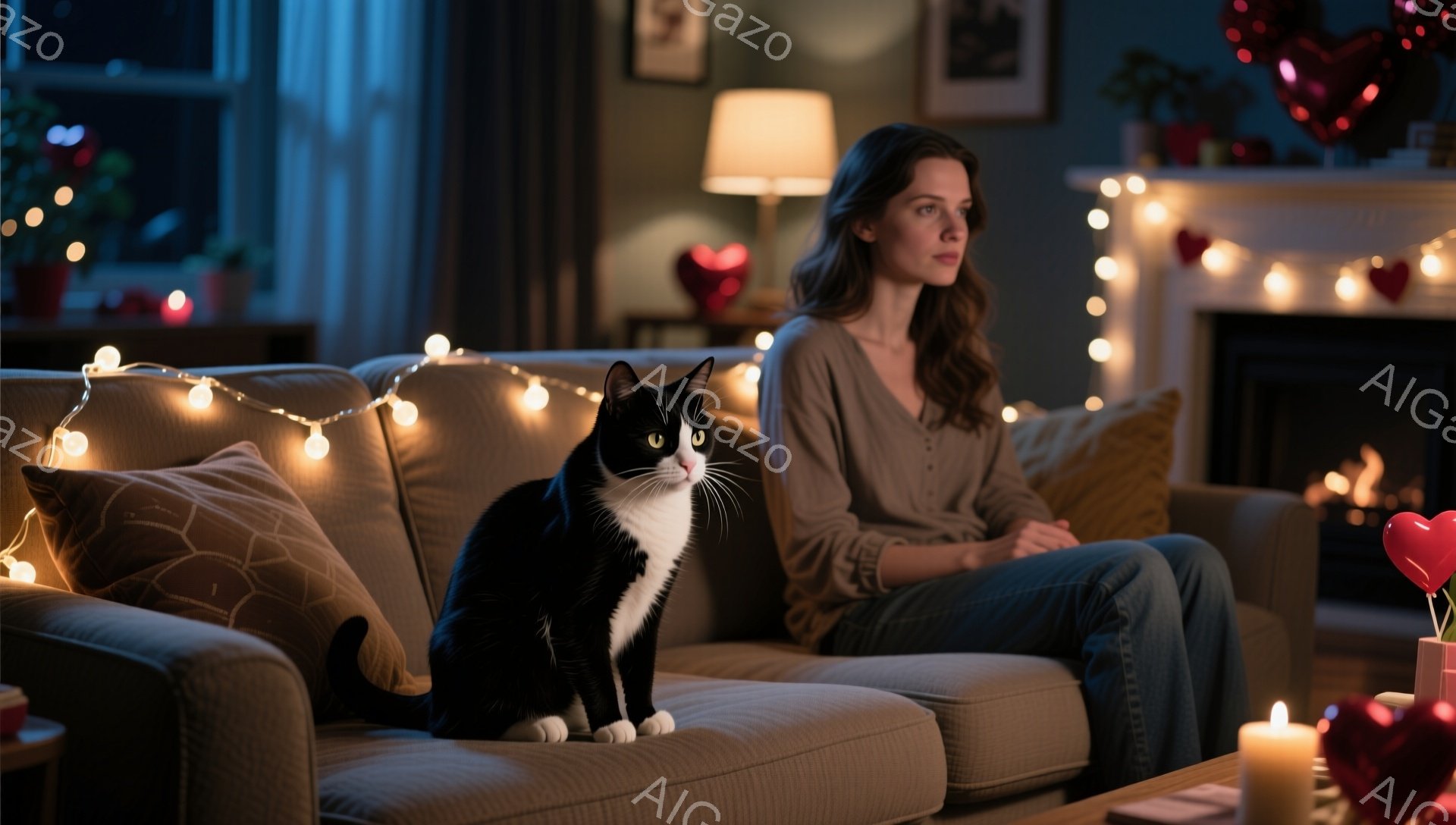 ソファに黒と白の猫が座っており、遠くを見つめています。背景には、キャンドルやハートの飾りで飾られた暖炉と、温かい光が灯る部屋があり、女性がグレーのセーターとジーンズを着て、物思いにふけっている様子が伺 - AI生成フリー素材