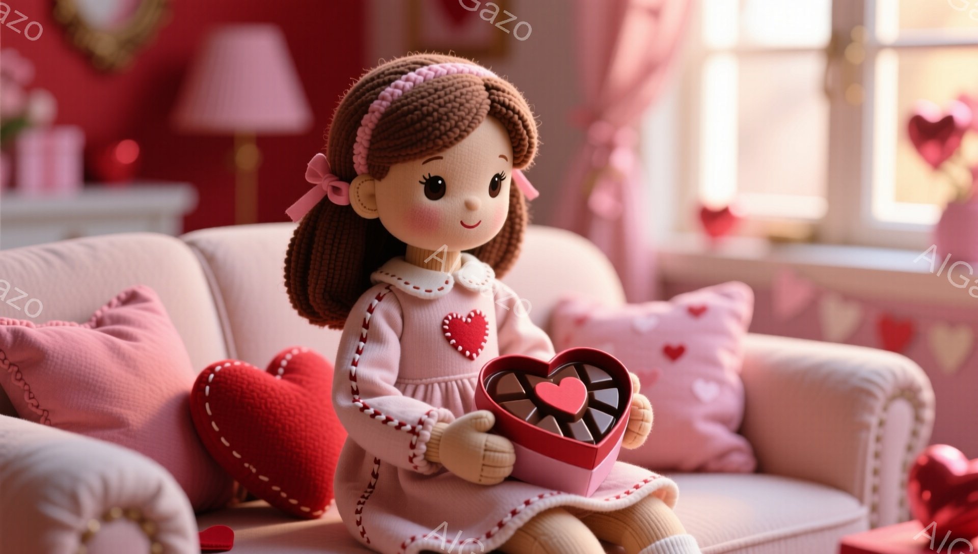 赤毛で巻き髪の少女が、ピンク色のソファに座って赤いハート型の箱を開けています。ピンク色のワンピースを着ており、前にはハート型の装飾があります。背景には、赤いハートの模様が描かれた枕や壁飾りがあり、全体 - AI生成フリー素材