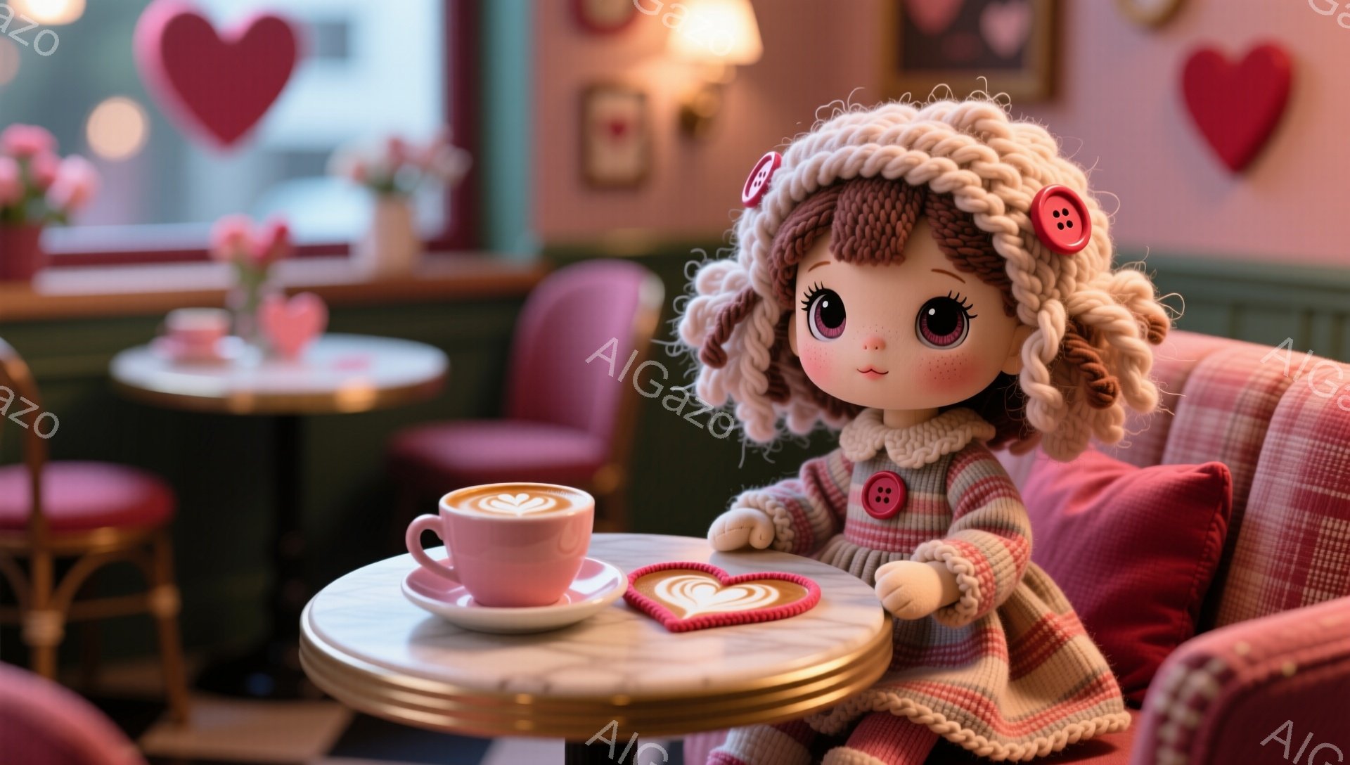 明るいピンク色の背景に、人形がカフェでコーヒーを楽しんでいる様子が描かれています。人形はカールした茶色の髪で、赤いニットのセーターを着ており、頬にはほころびのような微笑みが浮かんでいます。背景には、赤 - AI生成フリー素材