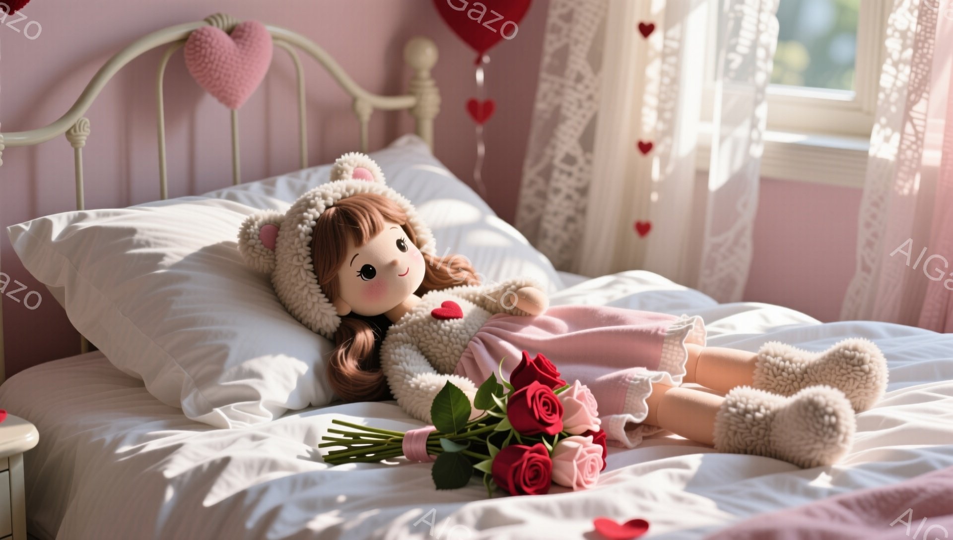 明るい室内で、茶色の髪をした女の子の人形が白いベッドに横たわっています。ピンク色のドレスに白いふわふわのブーツを履き、頭には耳のついた帽子を被っています。彼女は赤いバラの花束を抱き、リラックスした穏やかな表情を浮かべており、背景にはハート型の飾りや窓から差し込む光が見えます。