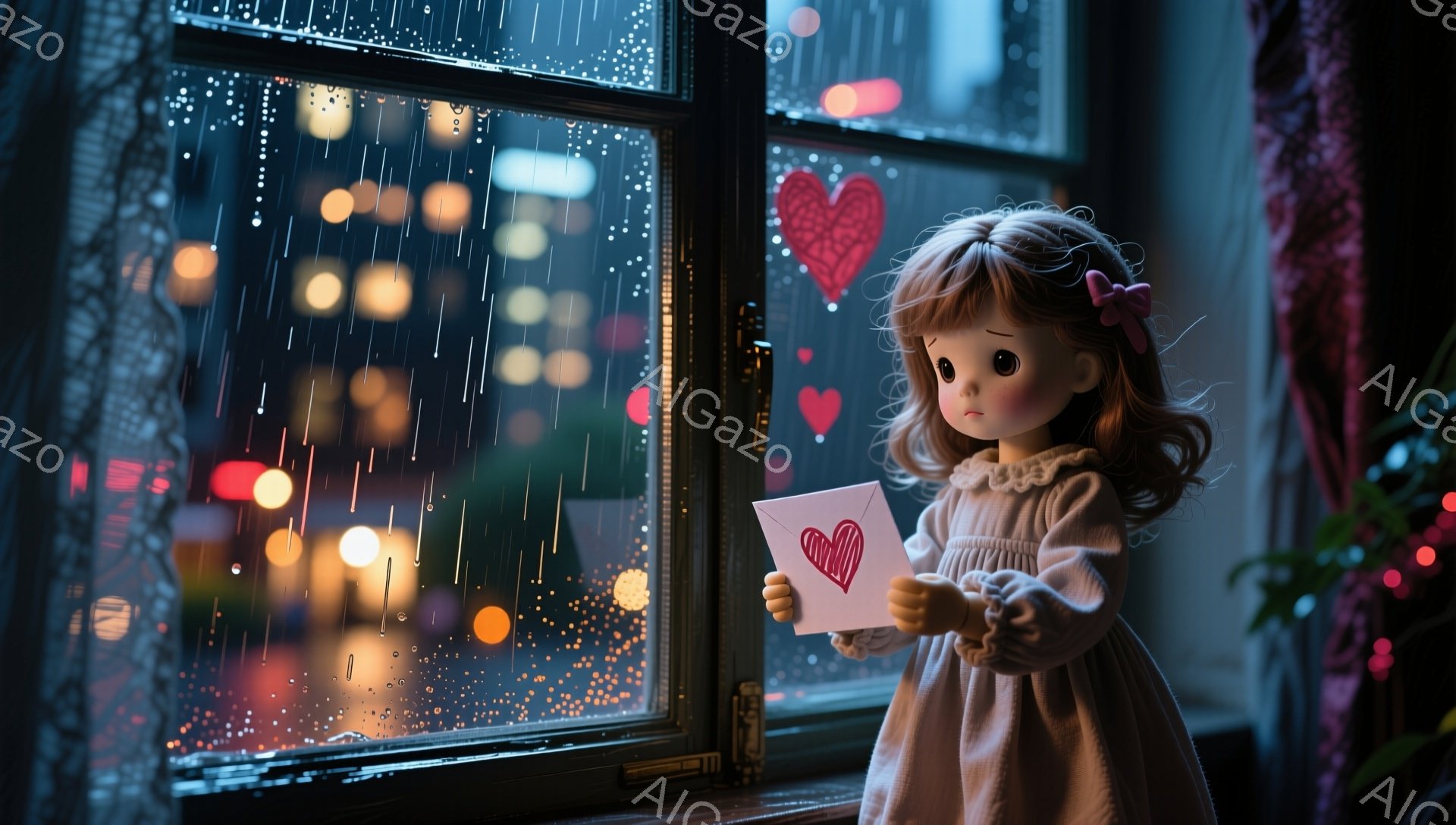 ガラス窓の前で、少女が赤いハートが描かれた手紙を手にしています。彼女はカールした茶色の髪にピンクのリボンをつけており、少し悲しげな表情をしています。背景には、雨の夜のぼやけた都市の明かりと、赤いハート型の装飾がいくつか見え、全体的に切なく、夢のような雰囲気を醸し出しています。