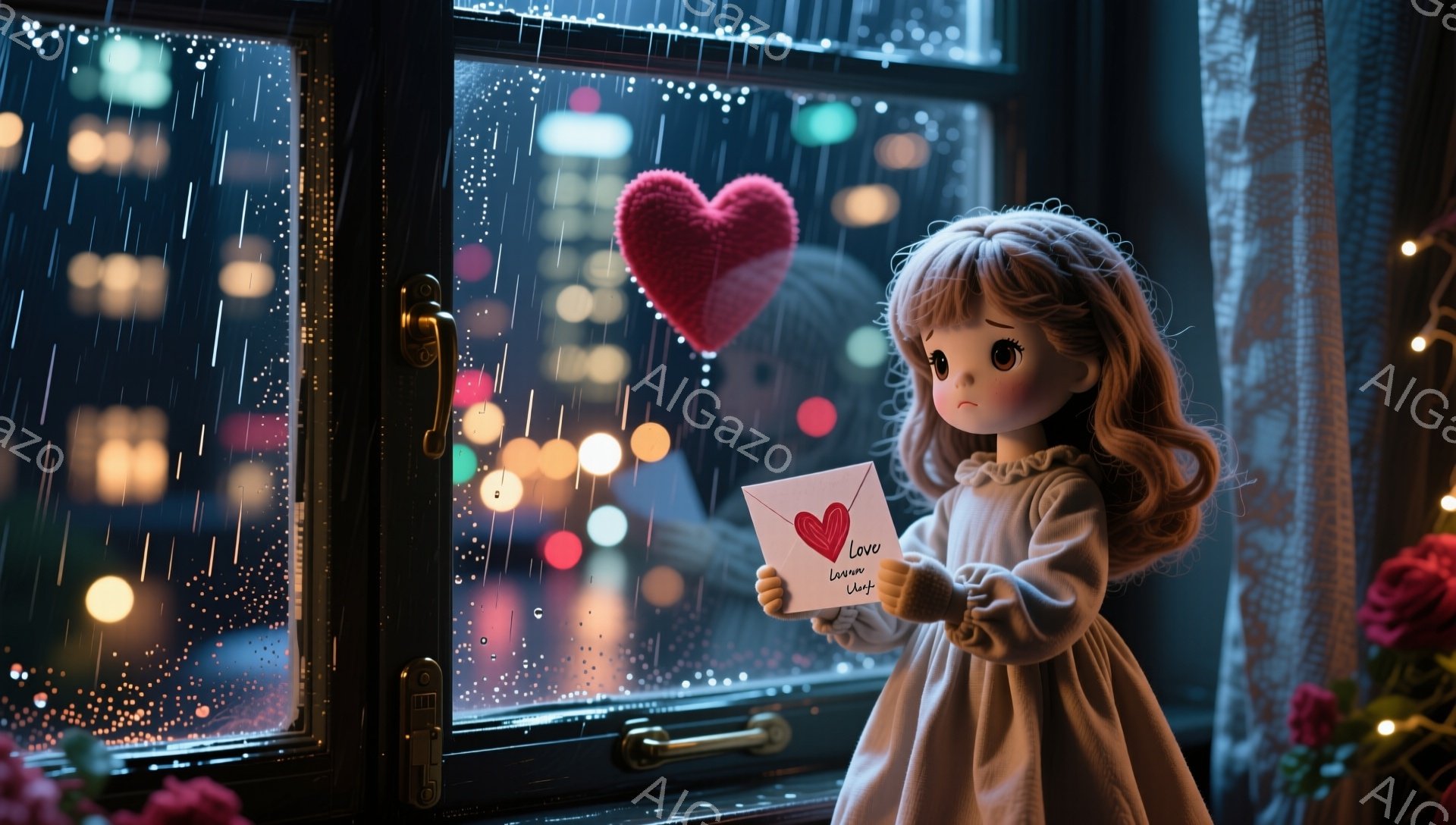 明るい金髪の巻き毛の少女が窓際に立っており、赤いハートの封筒を手に持っています。少女は白いドレスを着ており、少し悲しげな表情をしています。背景には、雨が降る夜の街並みと、赤いバラの花が見え、切なくロマンチックな雰囲気を醸し出しています。